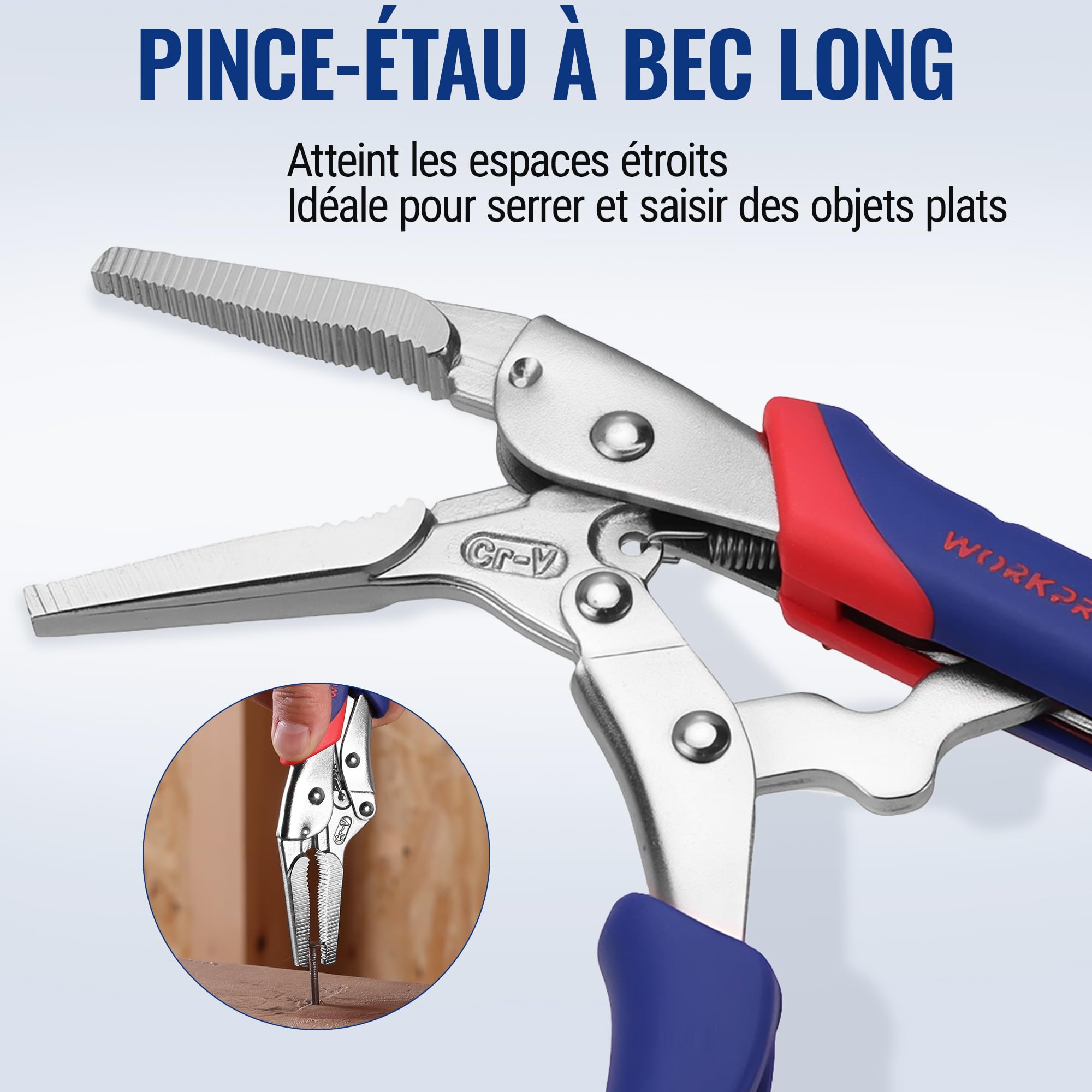 WORKPRO Jeu de 3 Pinces-Étaux Autobloquantes, Pince-Étau à Bec Long 165 mm et Pinces-Étaux à Mâchoires Courbes 180 mm et 255 mm, Cr-V, Déverrouillage Rapide, Poignées Bi-matière Antidérapantes