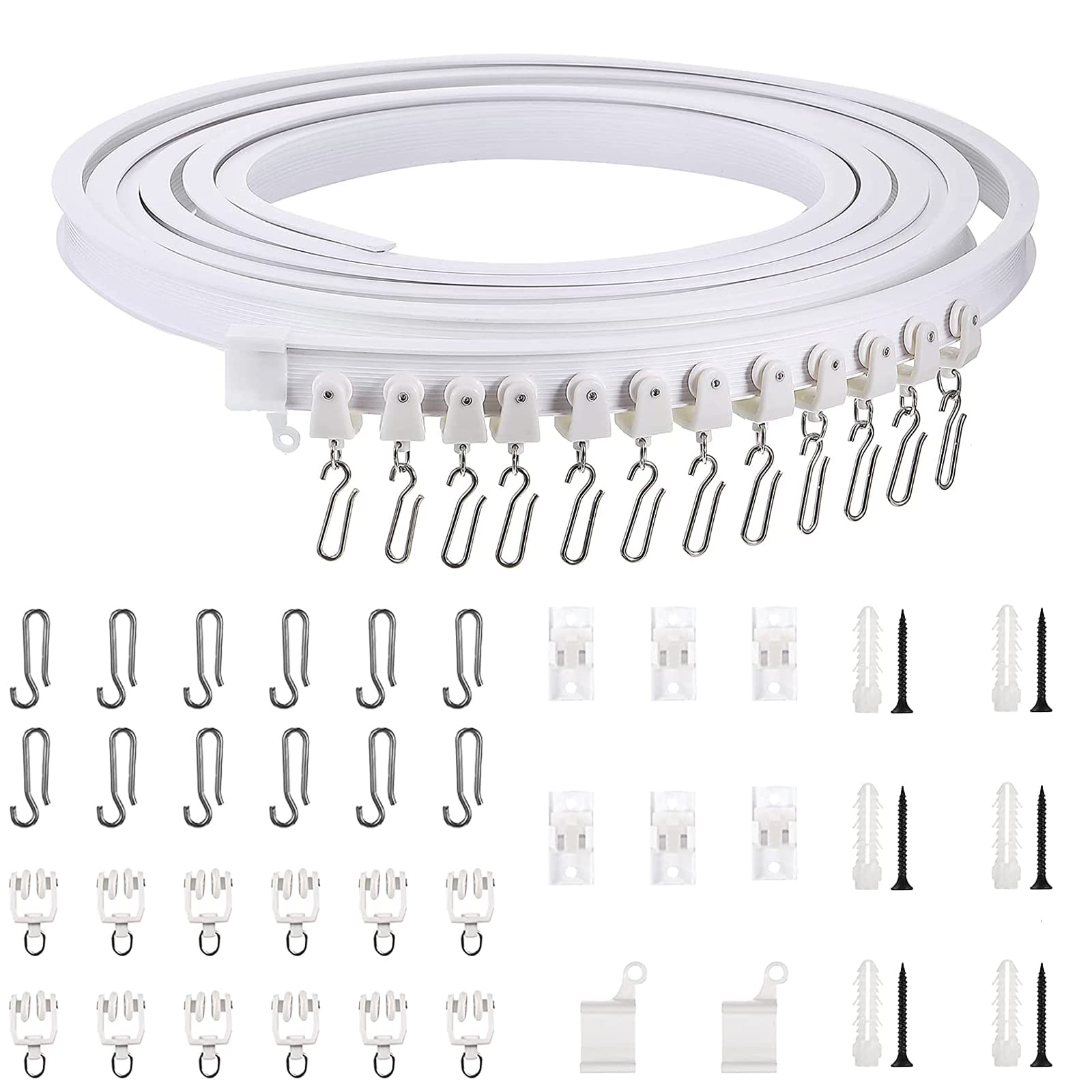 Flexible Ceiling Curtain Track Bendable Mounted Curtain Track Room Divider Curtain Soft Rod Windows Shower Corner RV Rail with Metal Curtain Hooks