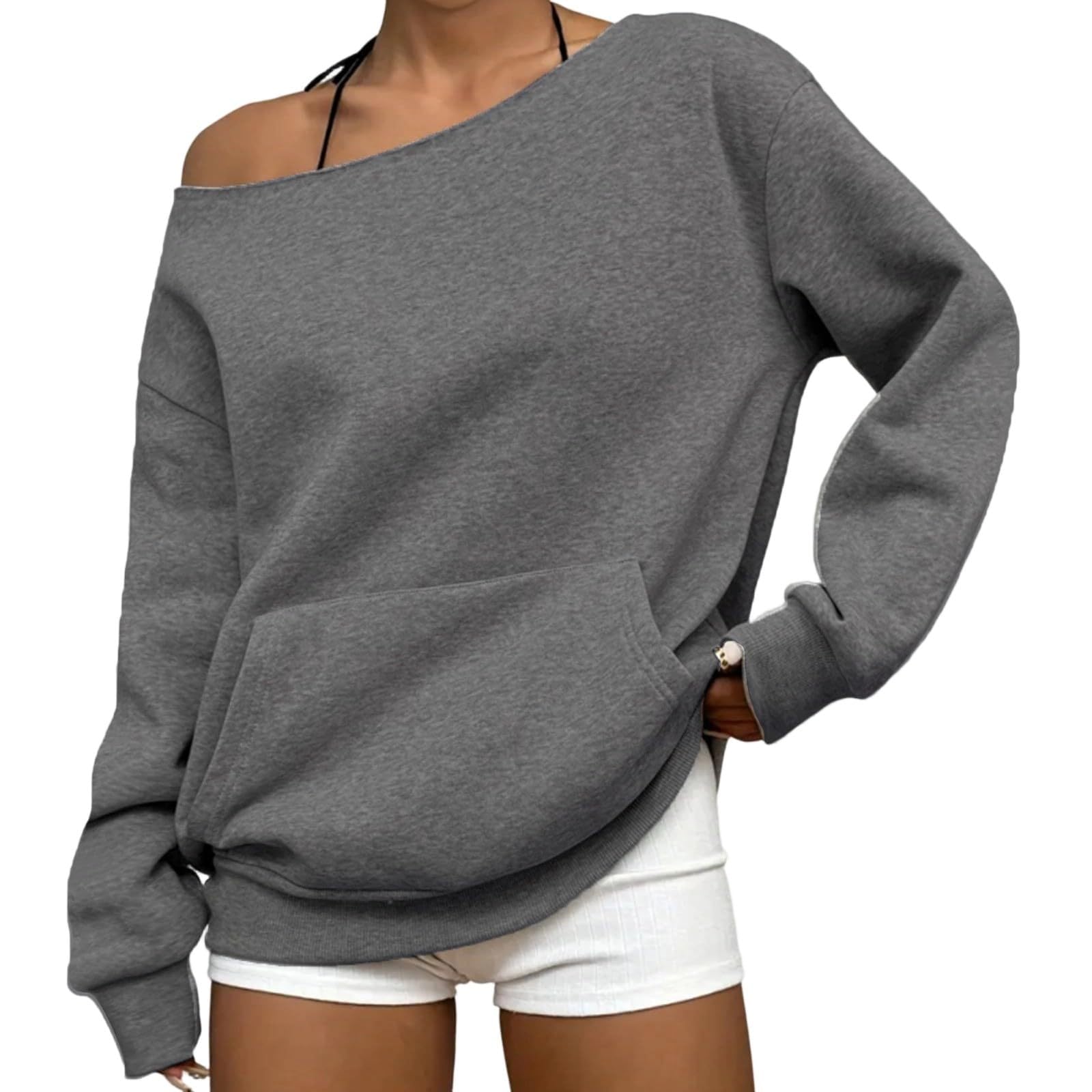 Maglia da donna a maniche lunghe, con spalle scoperte, casual, streetwear