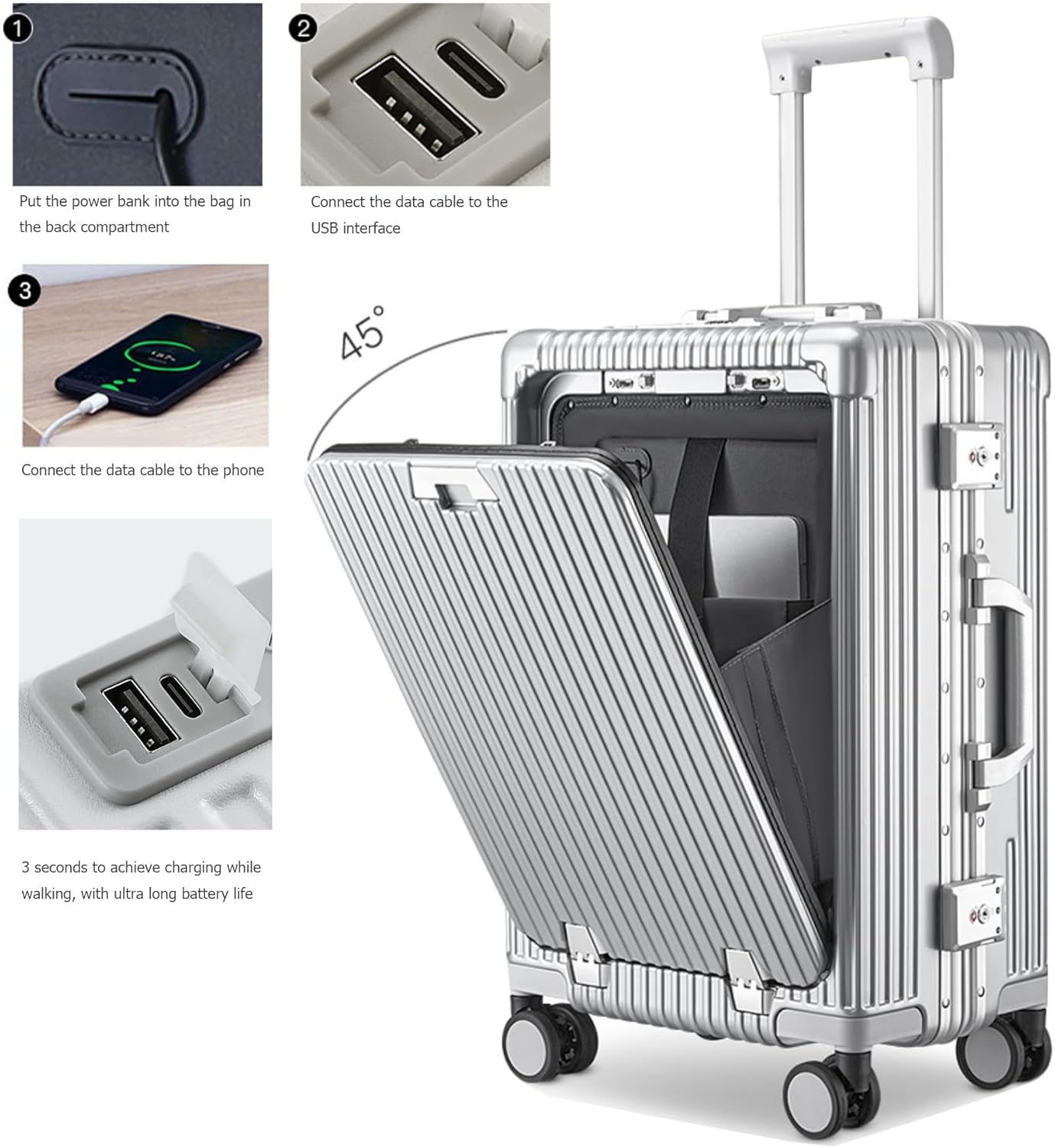 feilario Aluminium Frame PC Hard Shell Spinner Wheels Luggage,20.8"X15"X8.7 Airline Approved Built-In TSA lock Carry on Suitcase, with Cup Holder, USB Port, Phone Holder - Image 4
