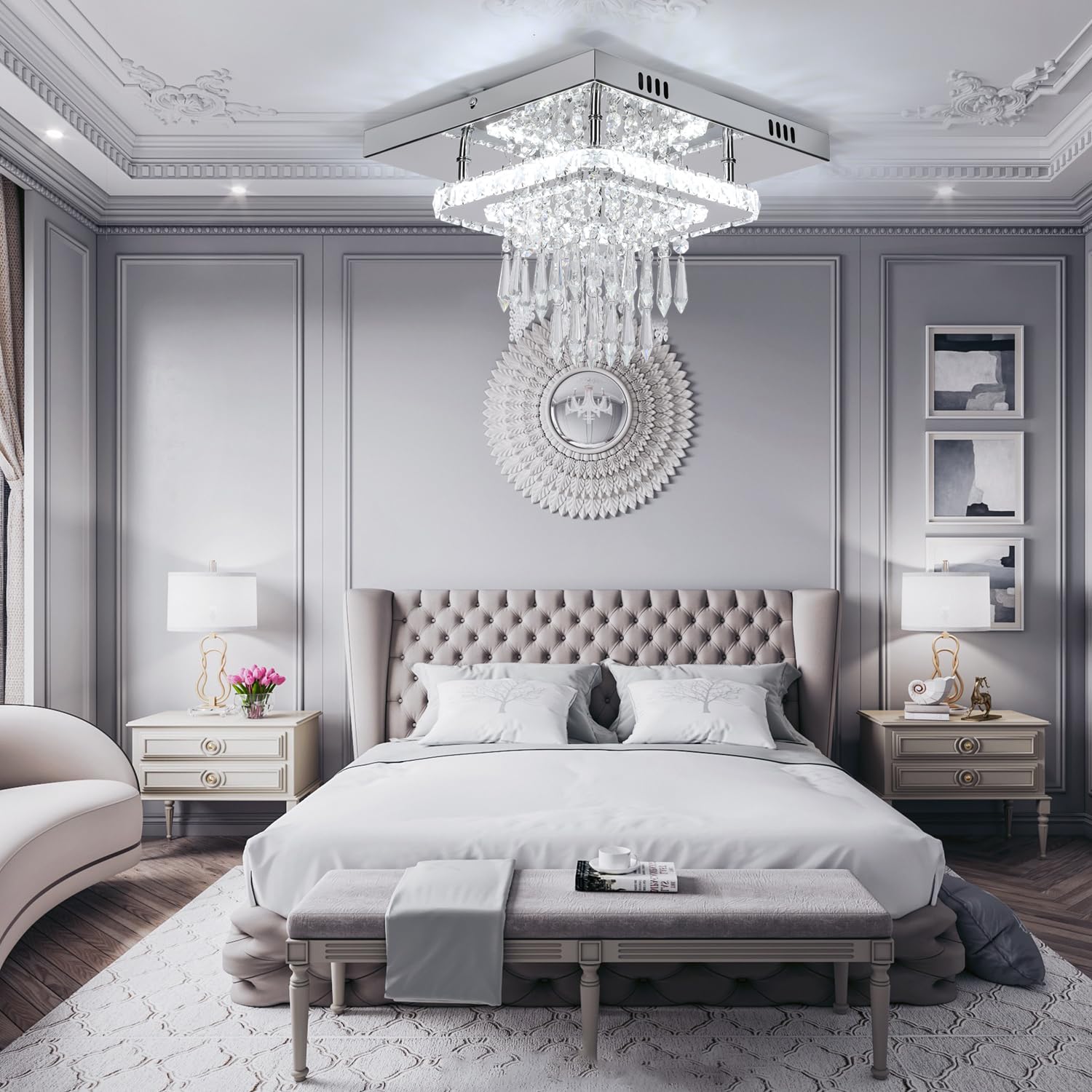 Chandeliers Ceiling Light, Contemporary Square Crystal Chandelier, Silver Crystal Ceiling Lighting Fixture for Living Room, Bedroom, Dining Room, Kitchen, Office, Hallway, 30*30*8cm, (No bulb）