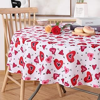 SARAFLORA V-Day Table Cloth Hearts and Arrows Pattern- Round Tablecloth 60 Inch- Stain and Water Resistant Table Cover for Anniversary/Valentine/Party/Wedding Decoration Use, Red & White