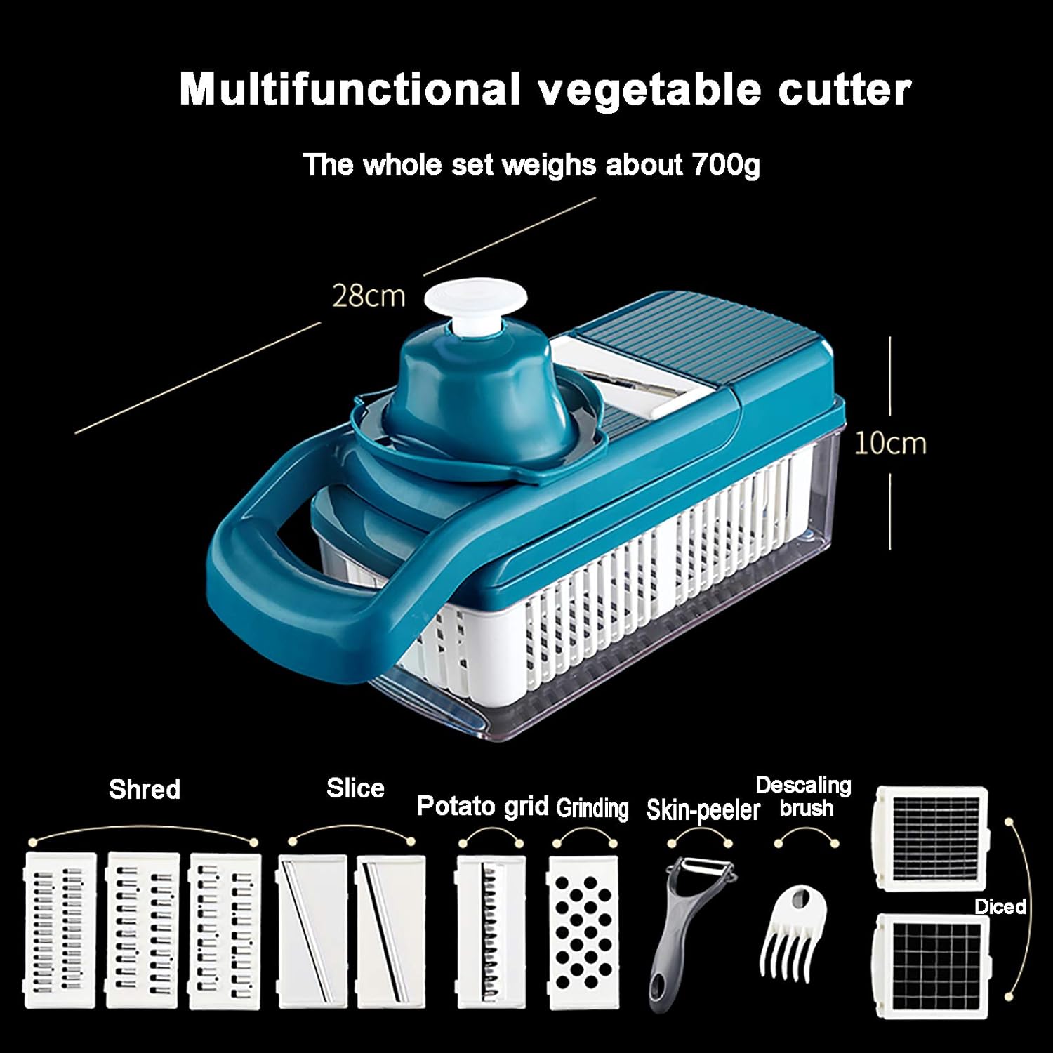 Onion Mincer Chopper Mandolin Slicer for Garlic Fruit Salad Manual Vegetable Chopper Onion Mincer Chopper Multifunctional Dicer Potato Cutter with Container/Peeler/Clean Brush-Blue 28 x 10 x 10 cm