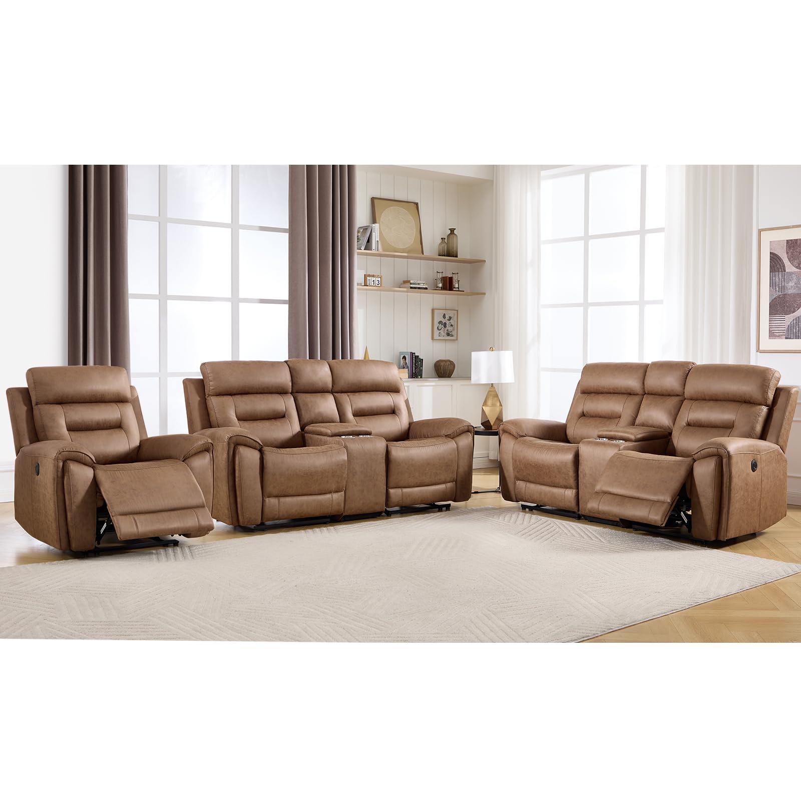 ANJ 3-Piece Faux Leather Power Recliner Sofa Set with USB&amp;Type-C Charging Ports, Include Single Recliner Chair, 2-Seater Loveseat Set of 2 with Hidden Storage &amp; Cup Holders, Brown