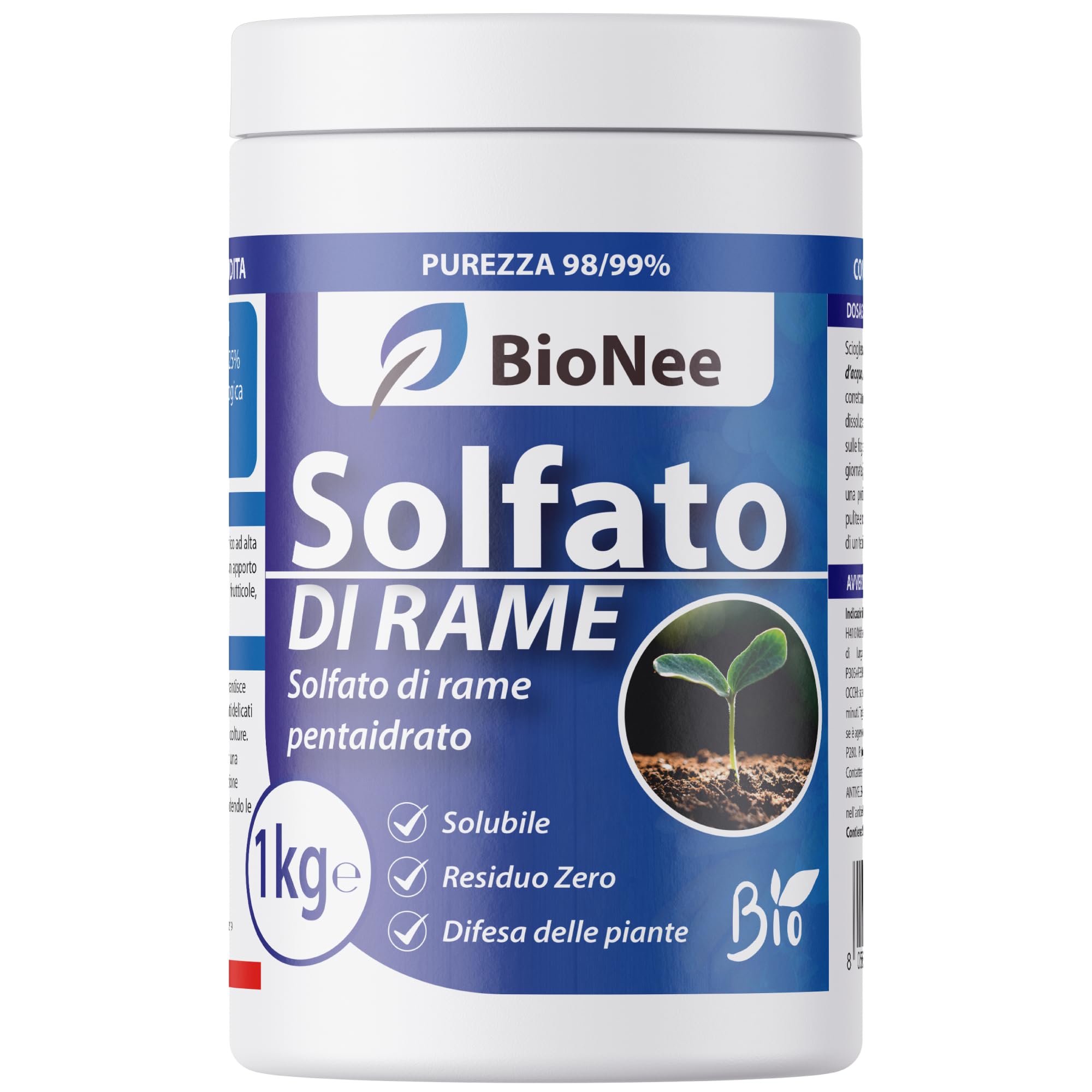 Solfato di Rame | Concime Inorganico Puro 98/99% | Rame Solubile 25% | Uso Agricolo e Biologico | Residuo Zero | Rame Pentaidrato per Orto e Giardino 1 kg
