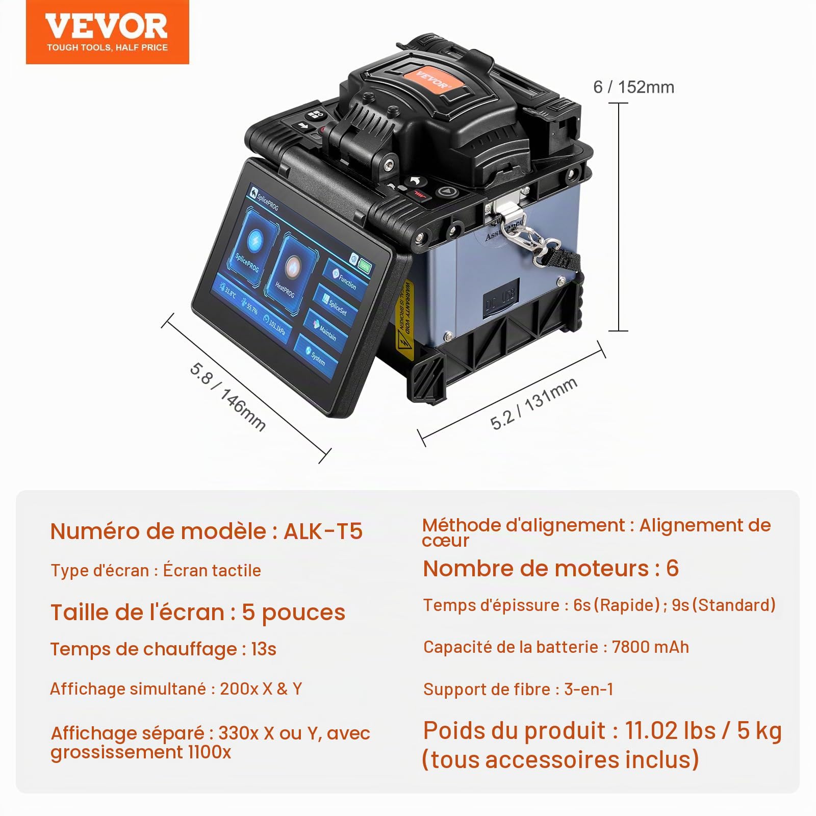VEVOR Soudeuse fibre optique 6 moteurs, épisseuse fusion fibre optique à alignement de noyau, épissage 6s, chauffage 13s, écran tactile 5", support de fibre 3 en 1, batterie 7800mAh pour SM MM DS NZDS