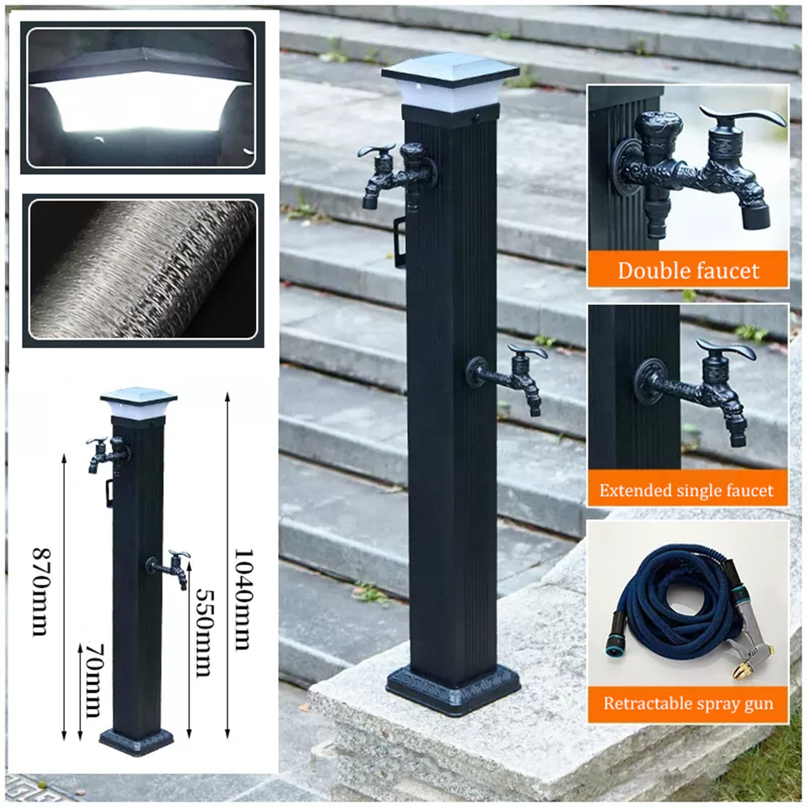 Lampy solarne wolnostojąca kolumna wodna ogrodowa na zewnątrz stop aluminium dekoracja krajobrazu fontanna z wężem śliniak hydrant pionowy dziedziniec funkcja wody zapobiega zamarzaniu, czarna