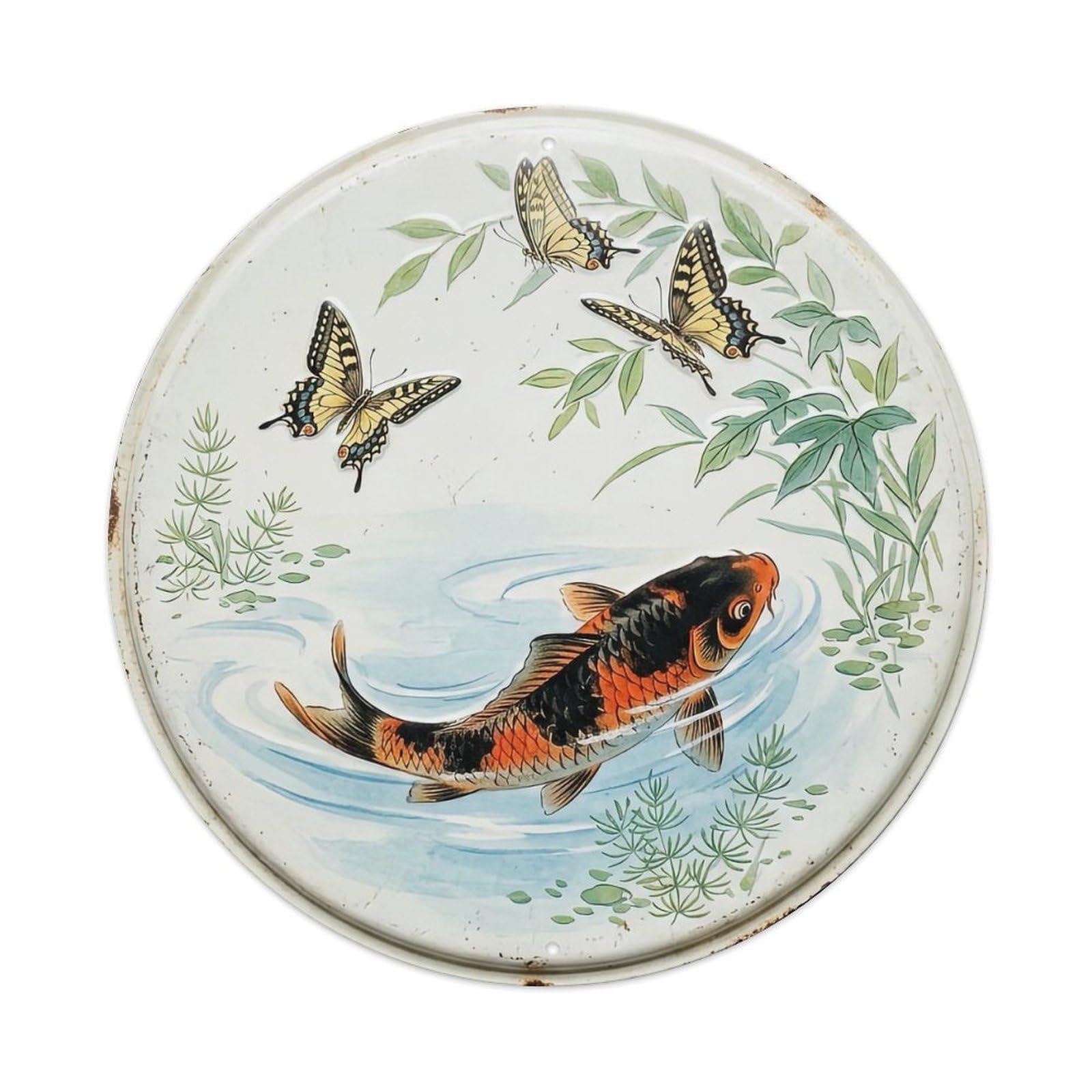 Swallowtail Butterfly Dance Koi Fish Metal Tin Sign Plaque Wall Decor for Cafe, Club, Garden Round Metal Poster 8x8Inch