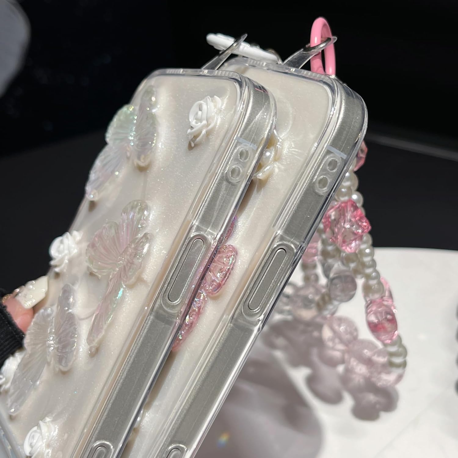 for iPhone 17 Pro Glitter Butterfly Case,Cute Girly 3D Flowers Floral Crystal Pearl Bling Sparkle with Wrist Strap Chain Soft TPU Aesthetic Women Girls Phone Case for iPhone 17 Pro 6.3", Pink - Image 7