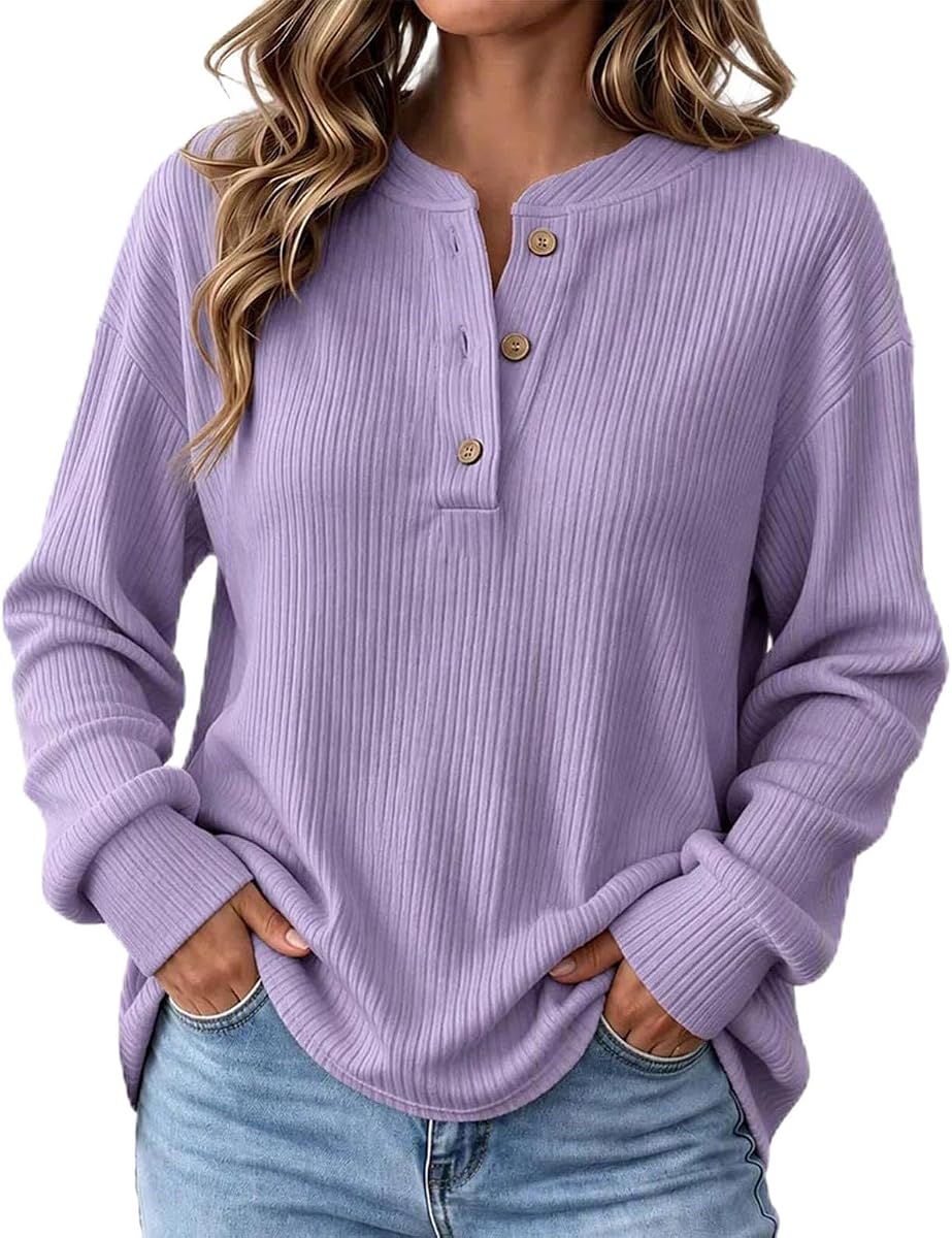Camisas de manga larga para mujer Otoño suéter de punto acanalado con botones