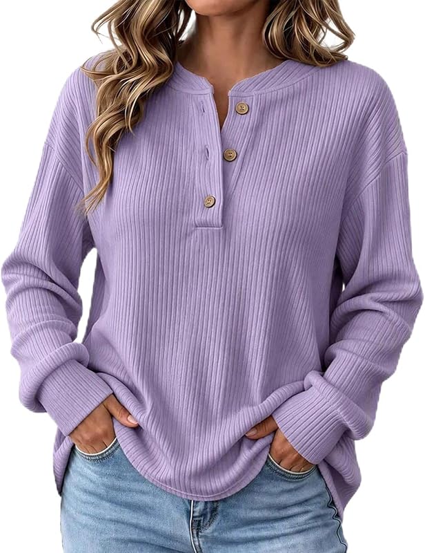 Camisas de manga larga para mujer Otoño suéter de punto acanalado con botones