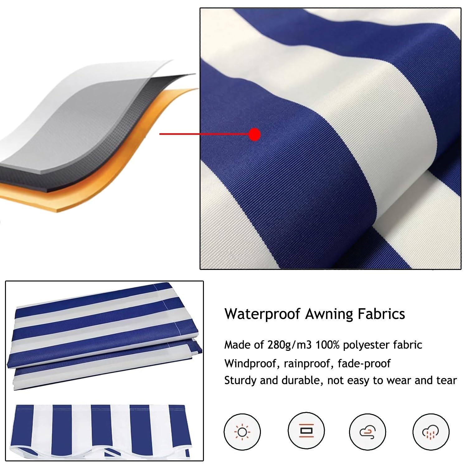 Markisenstoff Ersatz Markisentuch Markisenbespannung Wasserdicht UV Schutz Polyester Ersatzstoff, Manuelle Markisen-Ersatzstoff Mit Volant, Überdachung Für Terrassen