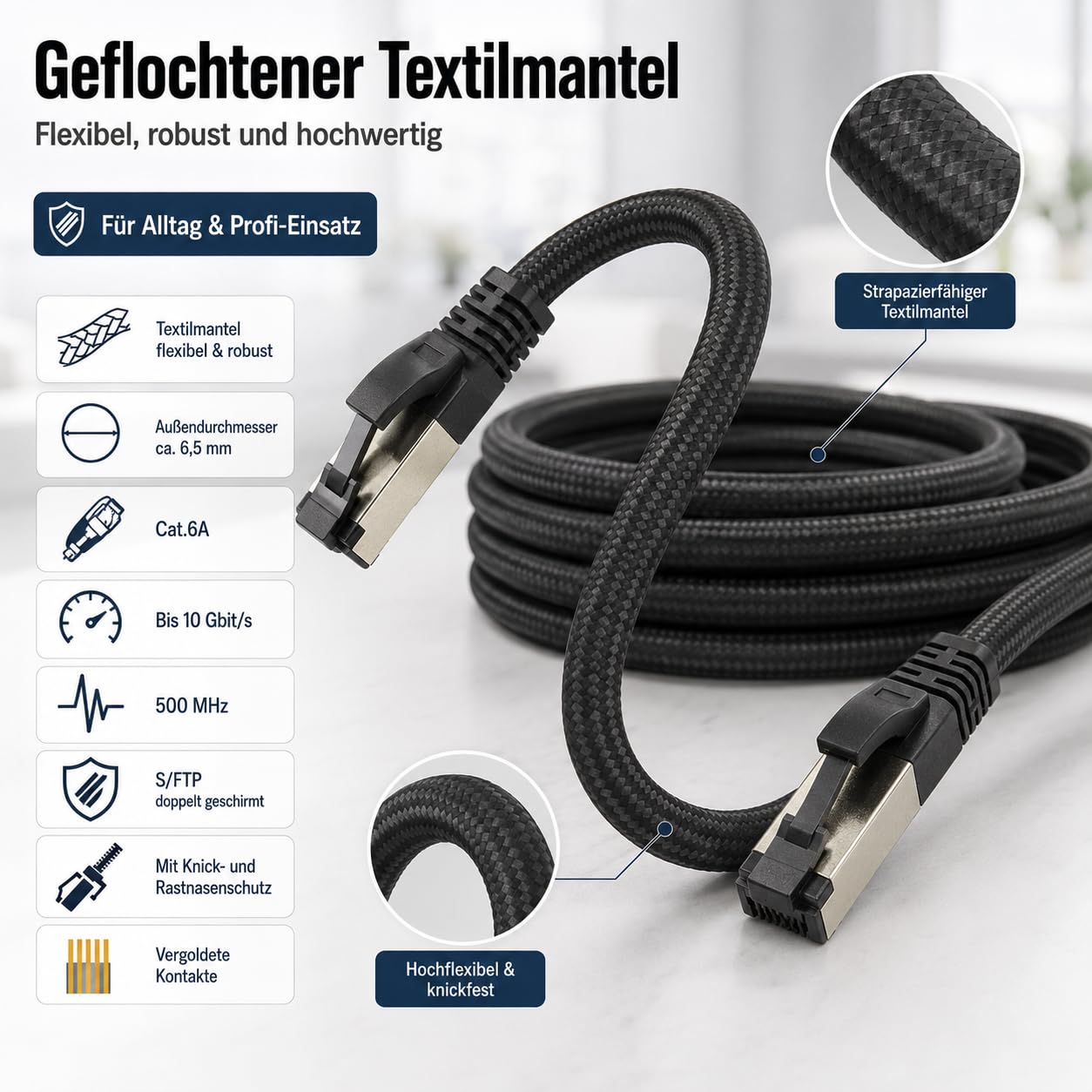 1aTTack.de 7,5 m – Cable de red negro de algodón CAT 6a – 5 unidades cable de red de tejido de algodón Cat 6 a cable Rj 45 LAN Ethernet 500 Mhz 10 Gb s – 5 x 7,5 m