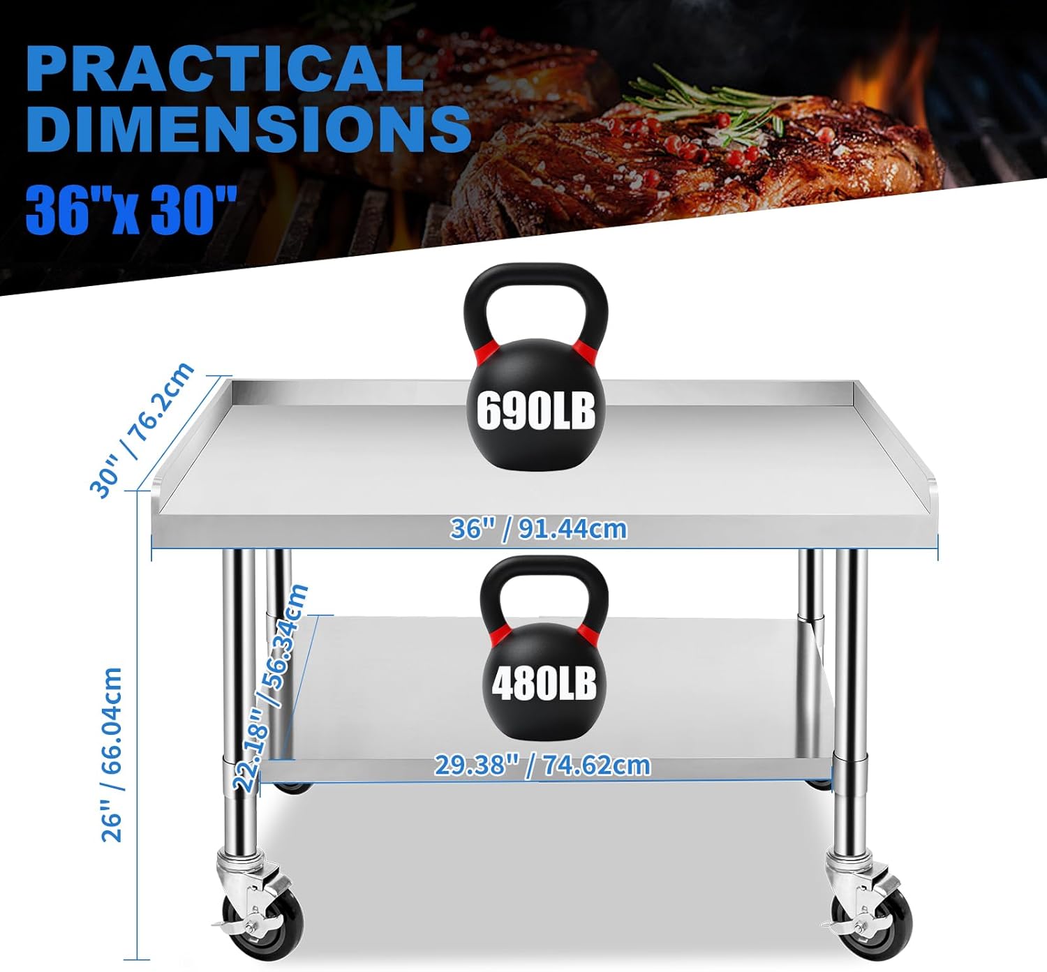 Stainless Steel Worktable with Under Shelf & 360° Lockable Casters - Practical for Commercial Kitchens & Workshops (30 * 36 * 26in)