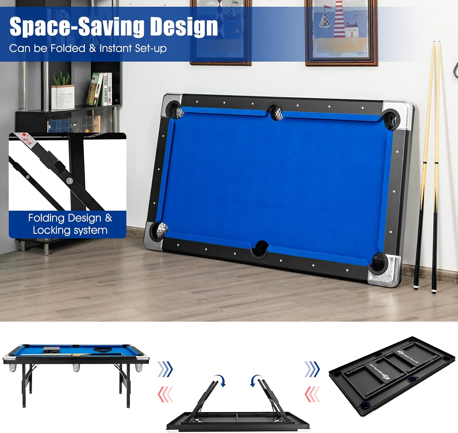 Goplus 6 FT Folding Pool Table, 76 Inch Portable Billiard Tables for Adults W/Foldable & Locking Legs, Adjustable Feet, Full Accessory Kit of 2 Cues, 16 Billiard Balls, Triangle, Brush, Chalk