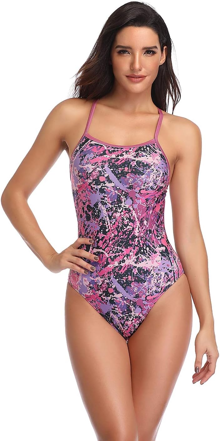 Adoretex Girl's/Women's One Piece Splash Print Thin Strap Athletic Swimsuit