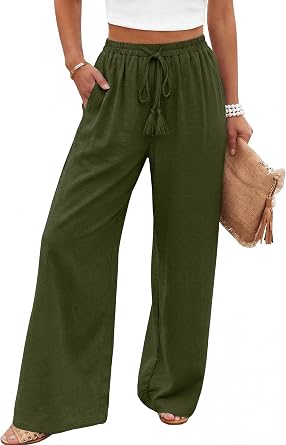 LOOKBOHO Women's Wide Leg Pants High Waisted Drawstring Loose Palazzo Pant Trendy Casual Flowy Beach Trousers with Pockets