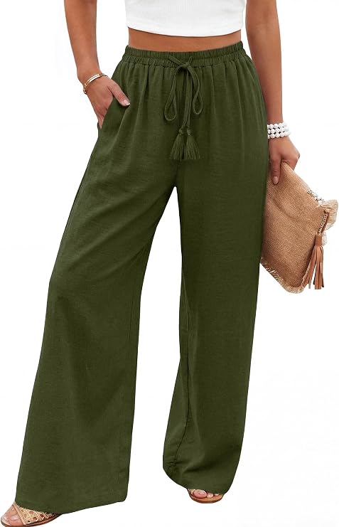 LOOKBOHO Women's Wide Leg Pants High Waisted Drawstring Loose Palazzo Pant Trendy Casual Flowy Beach Trousers with Pockets