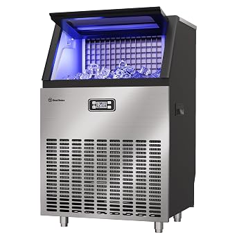 Commercial Ice Maker Machine, 270 lbs /24h, 48 lbs Ice Storage Bin, Freestanding Ice Maker, Self-Cleaning, LCD Display, Suitable for Home or Business, Connecting Hose, Ice Scoop Inclusive