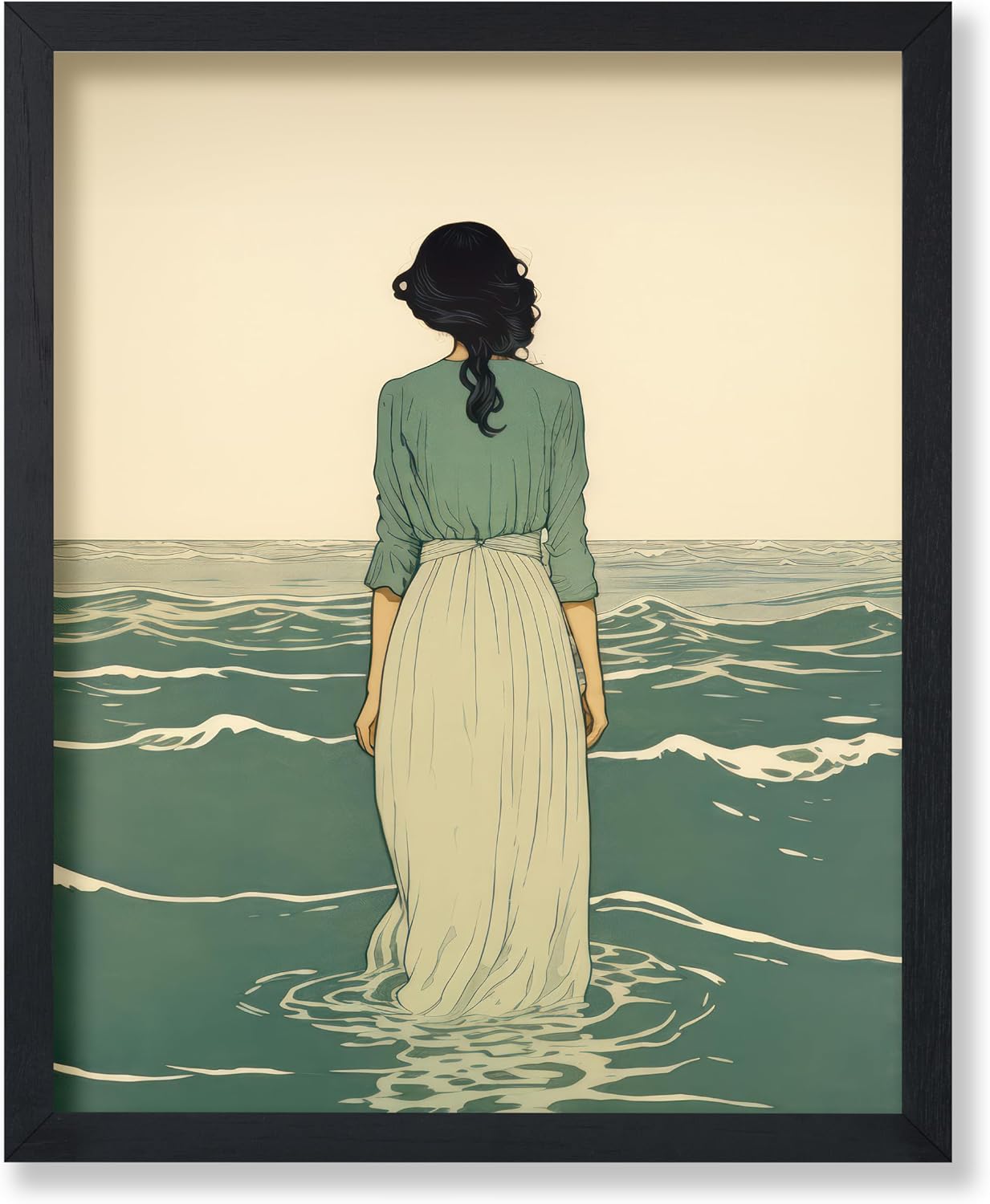 Poster Master Woman At Sea Poster - Retro Lady In Green Print - Meditation Art - Girly Design - Modern Artwork - Chic Boho Print - Ocean or Beach House Coastal Wall Decor - 8x10 UNFRAMED