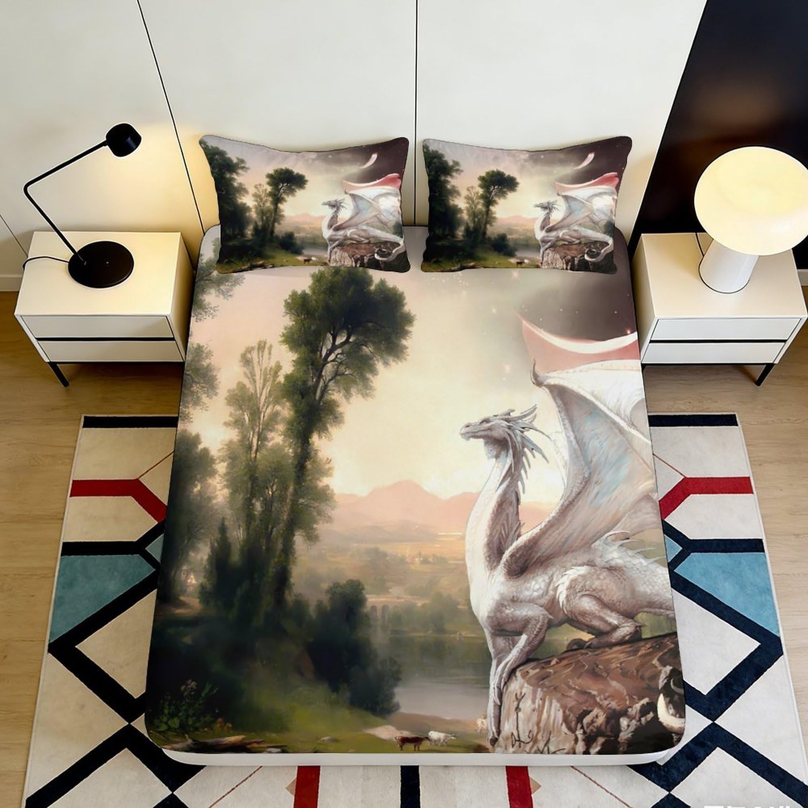 3D Printed White Dragon Fitted Sheet Microfiber Soft Durable Fantasy Landscape Bed Cover for Bedroom Dormitory Guest Room Mattress Protection 180x200x25cm