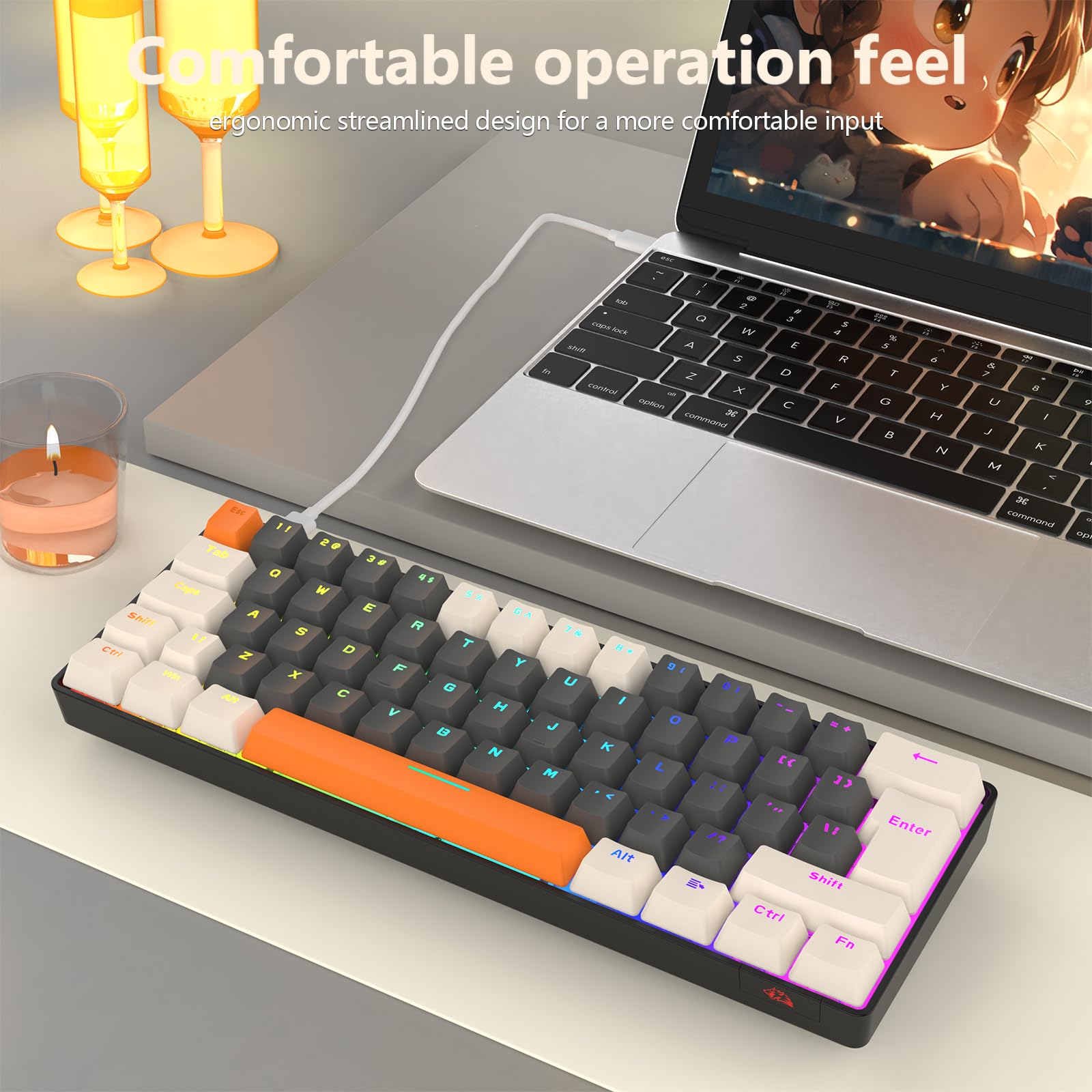 RK-T60 Tastiera e mouse da gioco meccanico cablato Combo portatile con retroilluminazione arcobaleno 62 tasti NKRO 6400DPI RGB a nido d'ape cavo aviatore a spirale per PS4/PC/WIN Gamer (grigio
