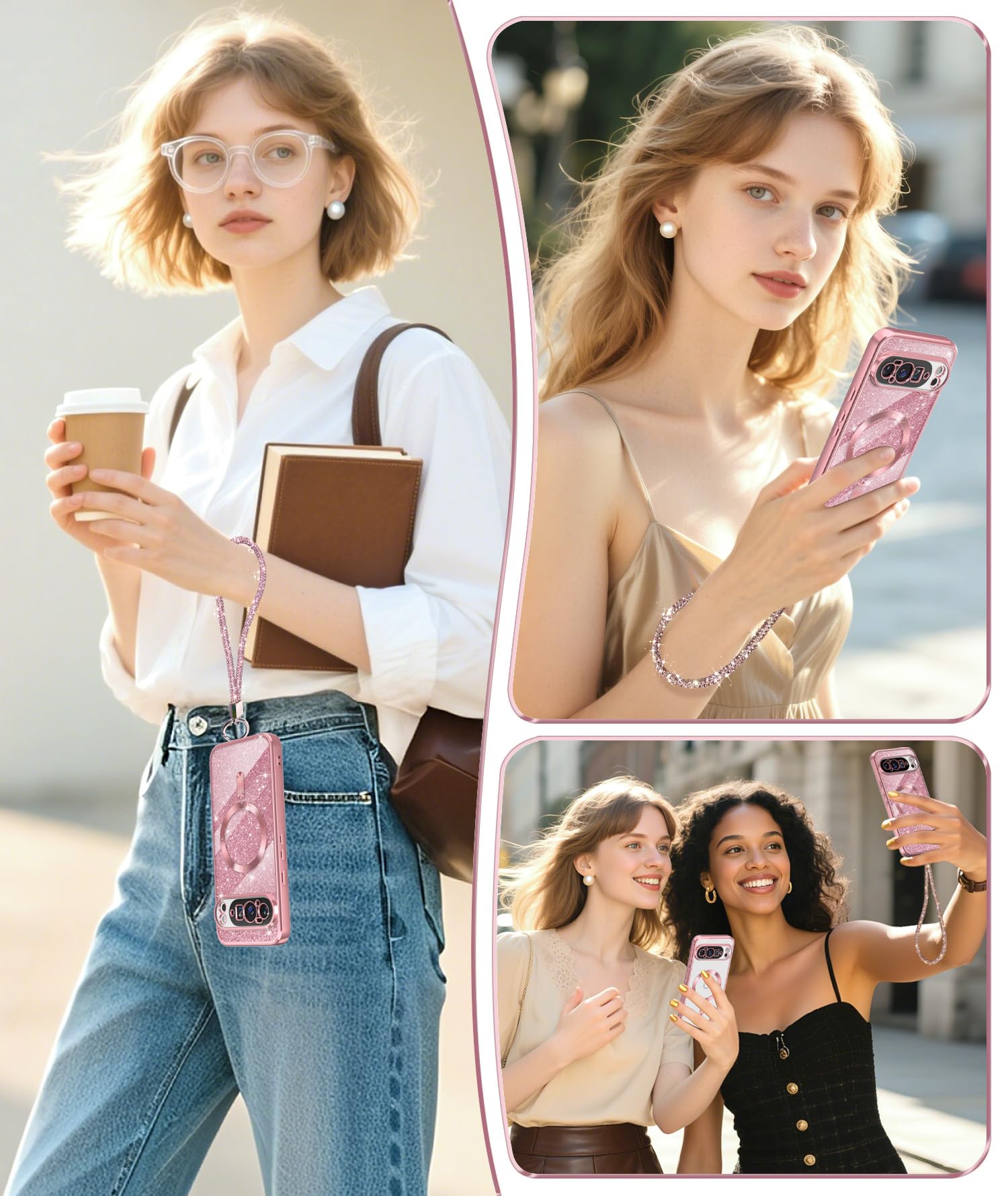 Magnetic for Google Pixel 10 Pro XL Case + 2X Screen Protectors,Luxury Plated Gold Edge [Glitter Card&Wrist Strap] Slim Soft Crystal Clear TPU Shockproof Case Cover for Pixel 10 Pro XL-Pink