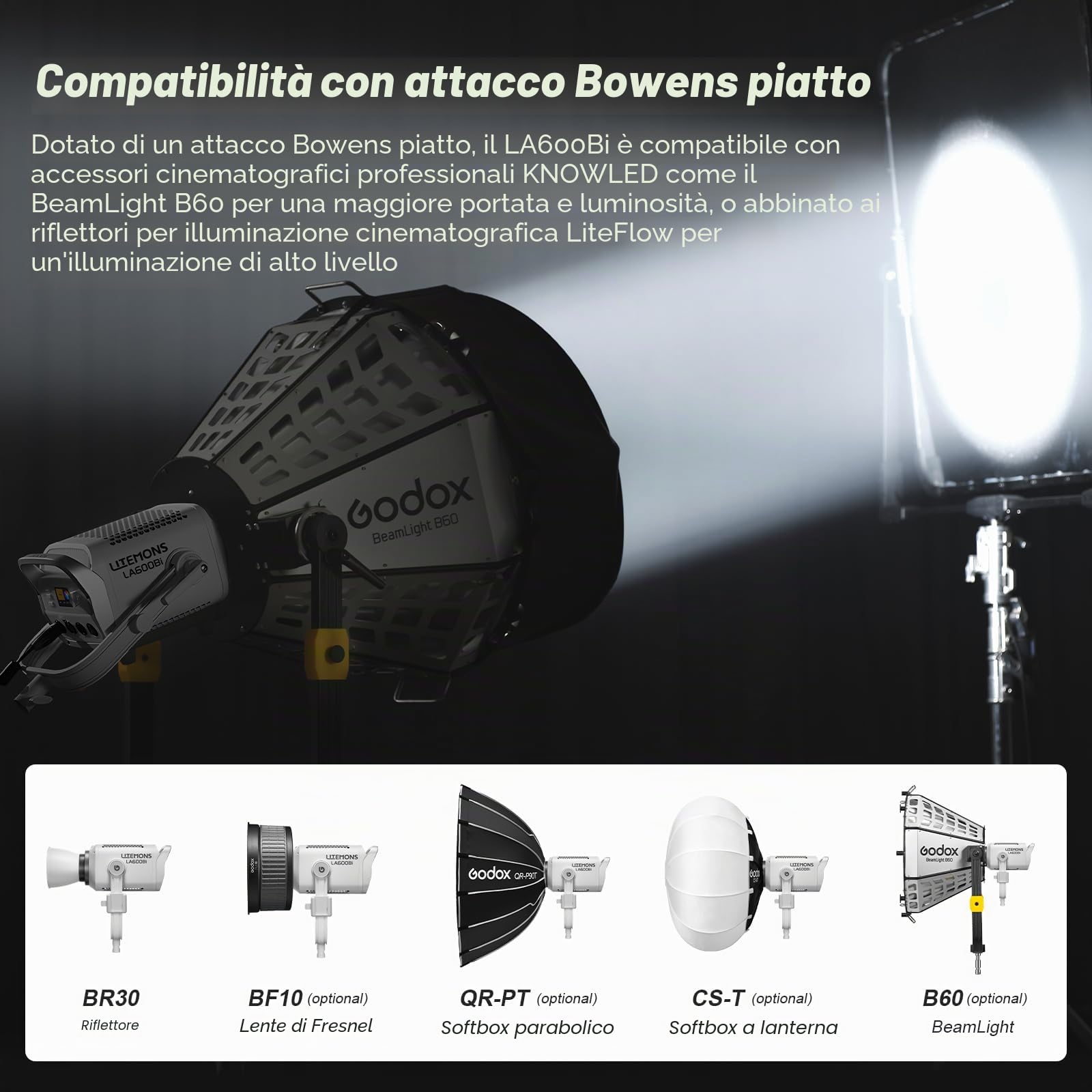 Godox Litemons LA600Bi Luce Video Luce Continua Video con Riflettore BR30,Video Light 600W 212500Lux@1M,2800K-6500K Luce Continua Piatta con Attacco Bowens e 11 Effetti FX