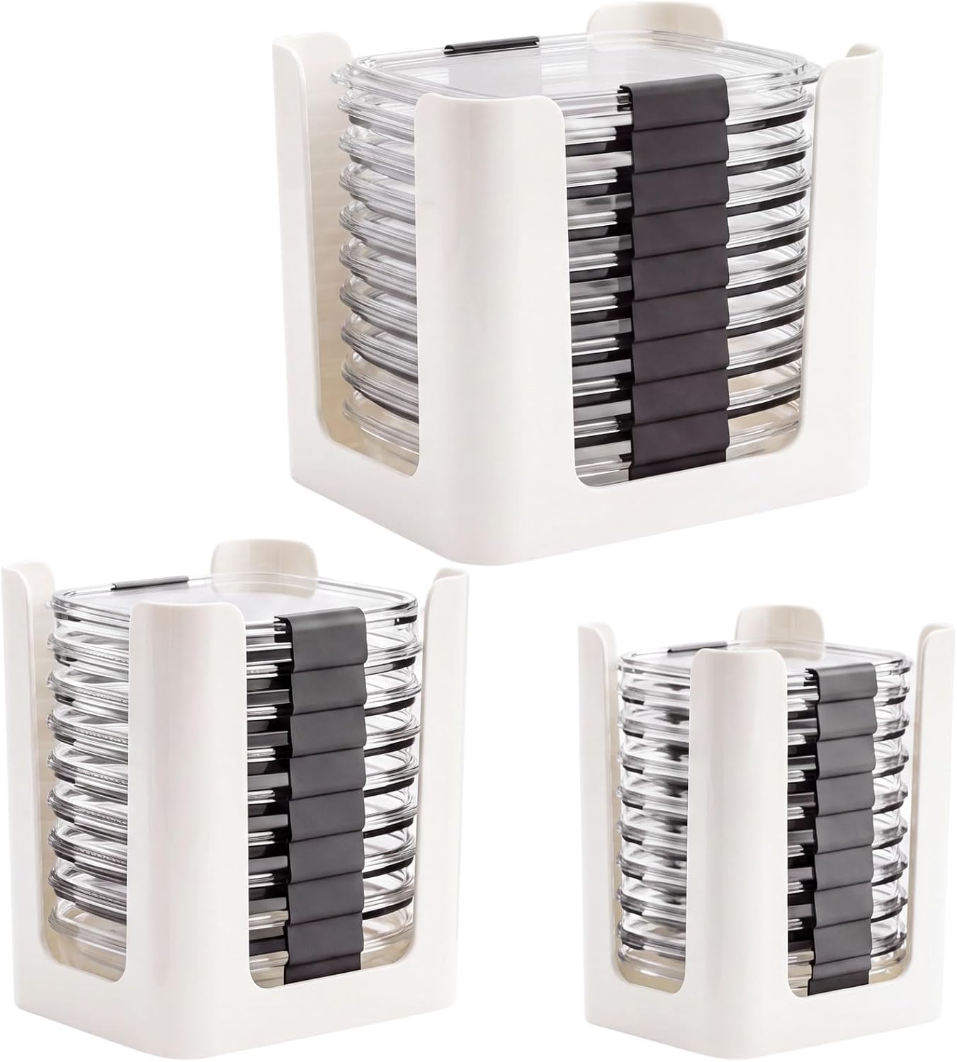 3 Pcs Food Container Lid Organizer for Nap-on Lids, Stackable & Compact Lid Holder Rack for Kitchen Cabinet Storage, Holds 24 Lids for 4.7, 3.2, 1.3 & 0.5 Cup Containers(Black)