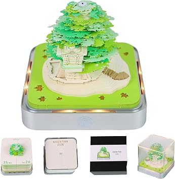 3D Calendar 2026, Time Piece Calendar 2026, Tear-Away 3D Paper Art Notepad With LED Lights, Creative DIY Paper Carving Memo Pad, Perfect for Home or Office Desk Green Tree House