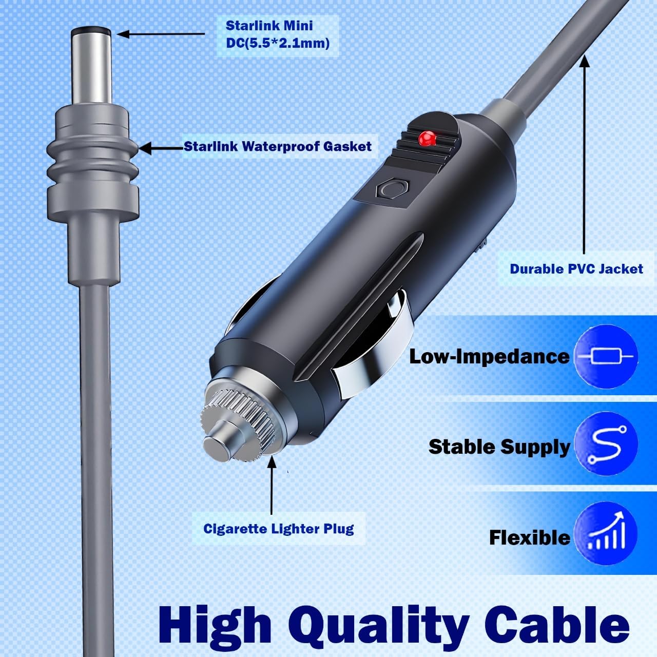10Ft StarLink Mini DC Power Cable Direct to Cigarette 12V-24V Charger | 18AWG IP65 Waterproof DC Cigarette Lighter Adapter for RV Camping Truck Boat Overlanding Satellite Internet