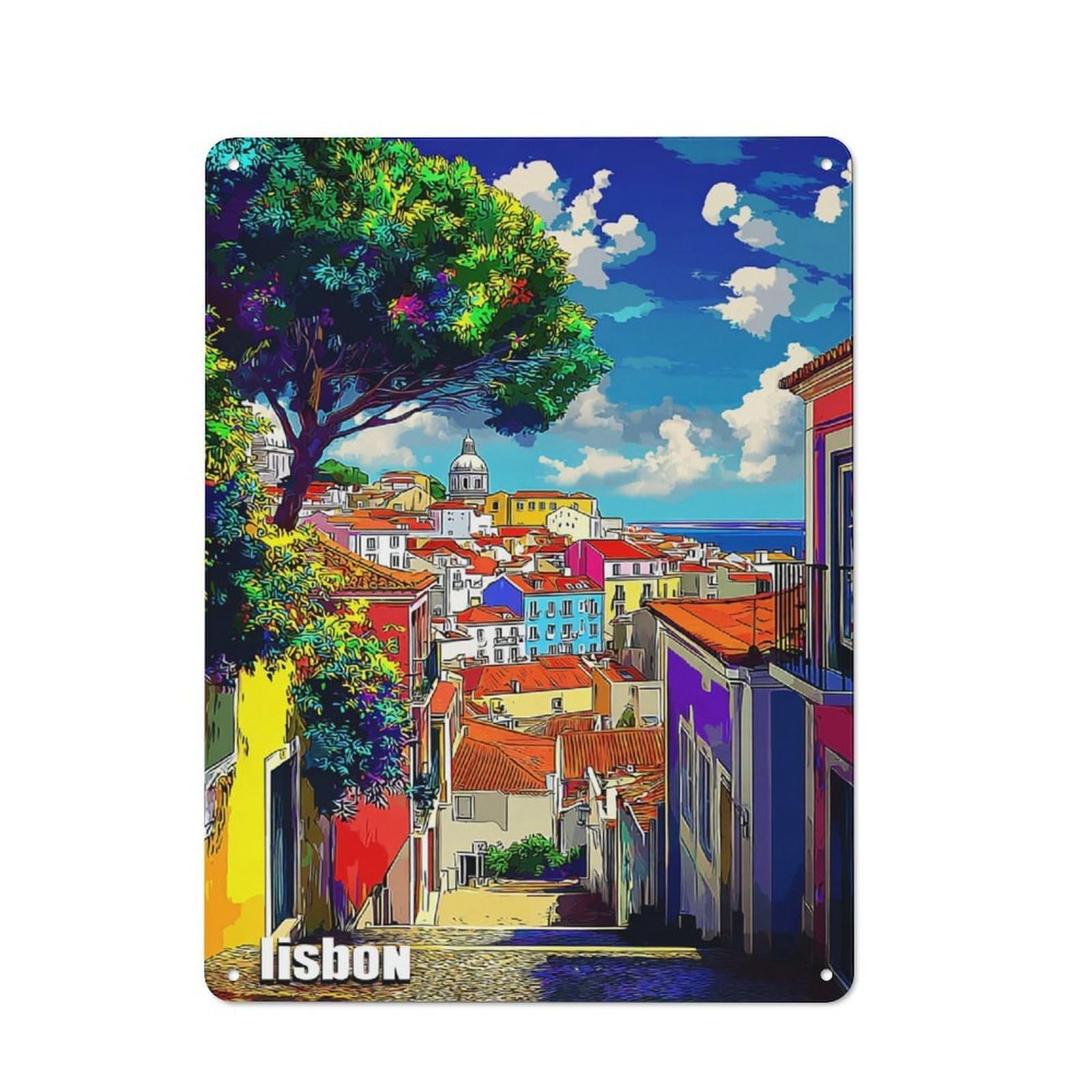 Junmoney Colorful Lisbon Streetscape Simple Retro Metal Wall Plaque 40X30cm, Creative Space Decor For Office, Study, Studio Or Hallway