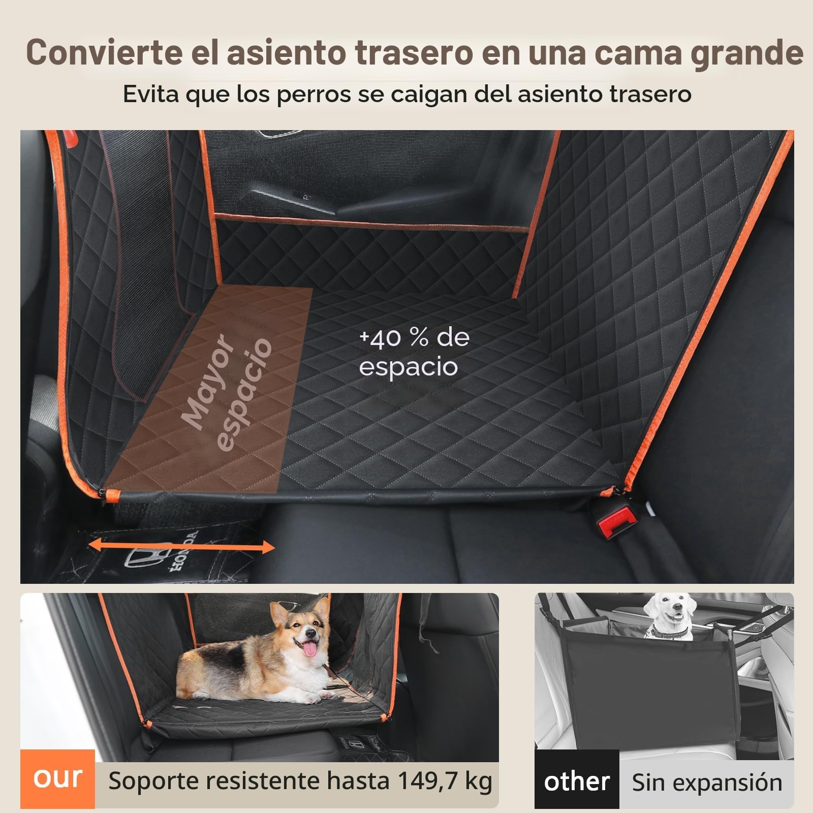 Pecute Asiento de Coche XL 70 x 61 x 55 cm para Perros Medianos y Grandes, Reforzado con 4 Correas de Fijación