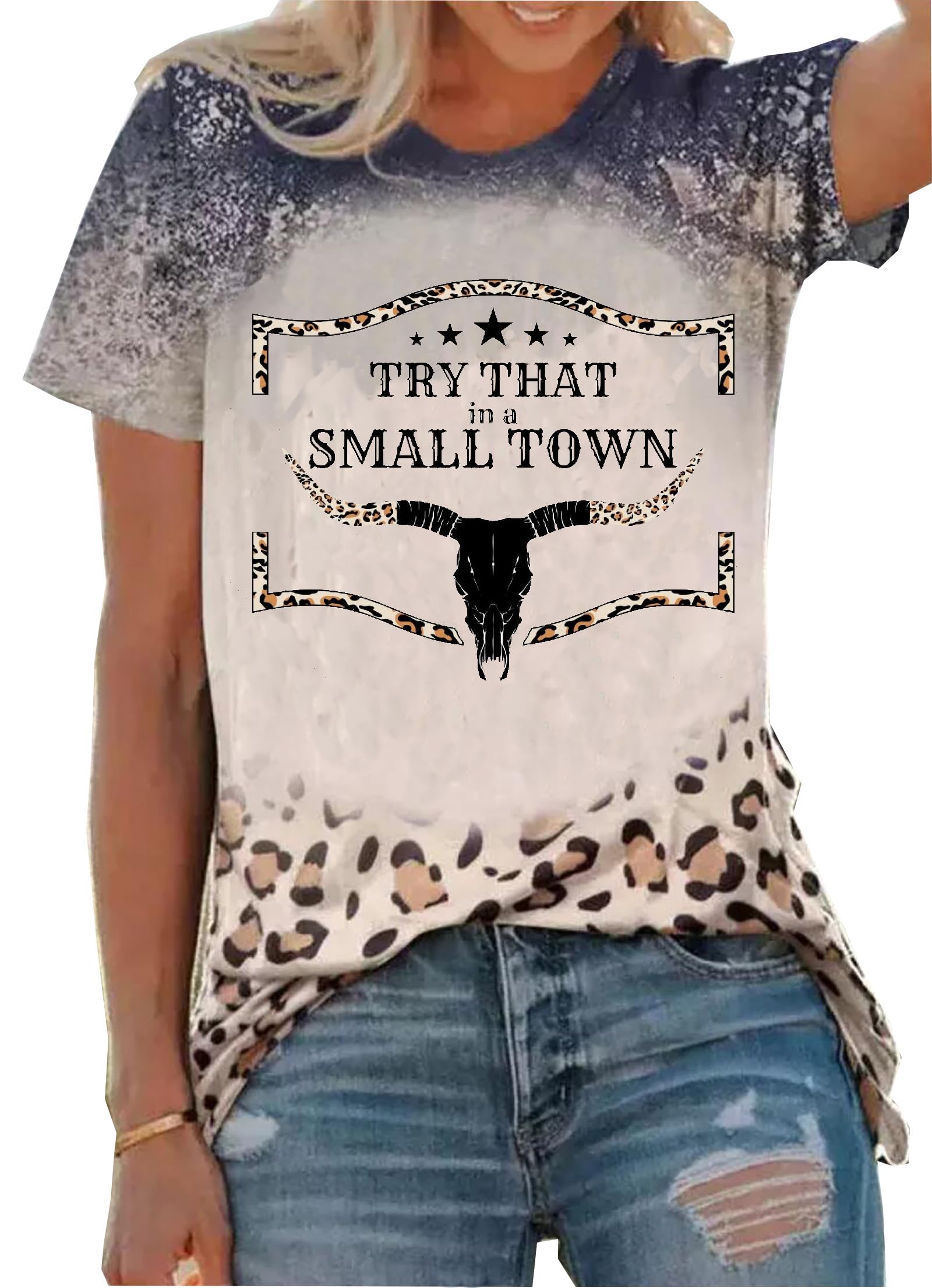 LLHXRUITry That in A Small Town Shirt for Women Country Music Graphic Tees Steer Skull T-Shirts Western Cowboy Shirts