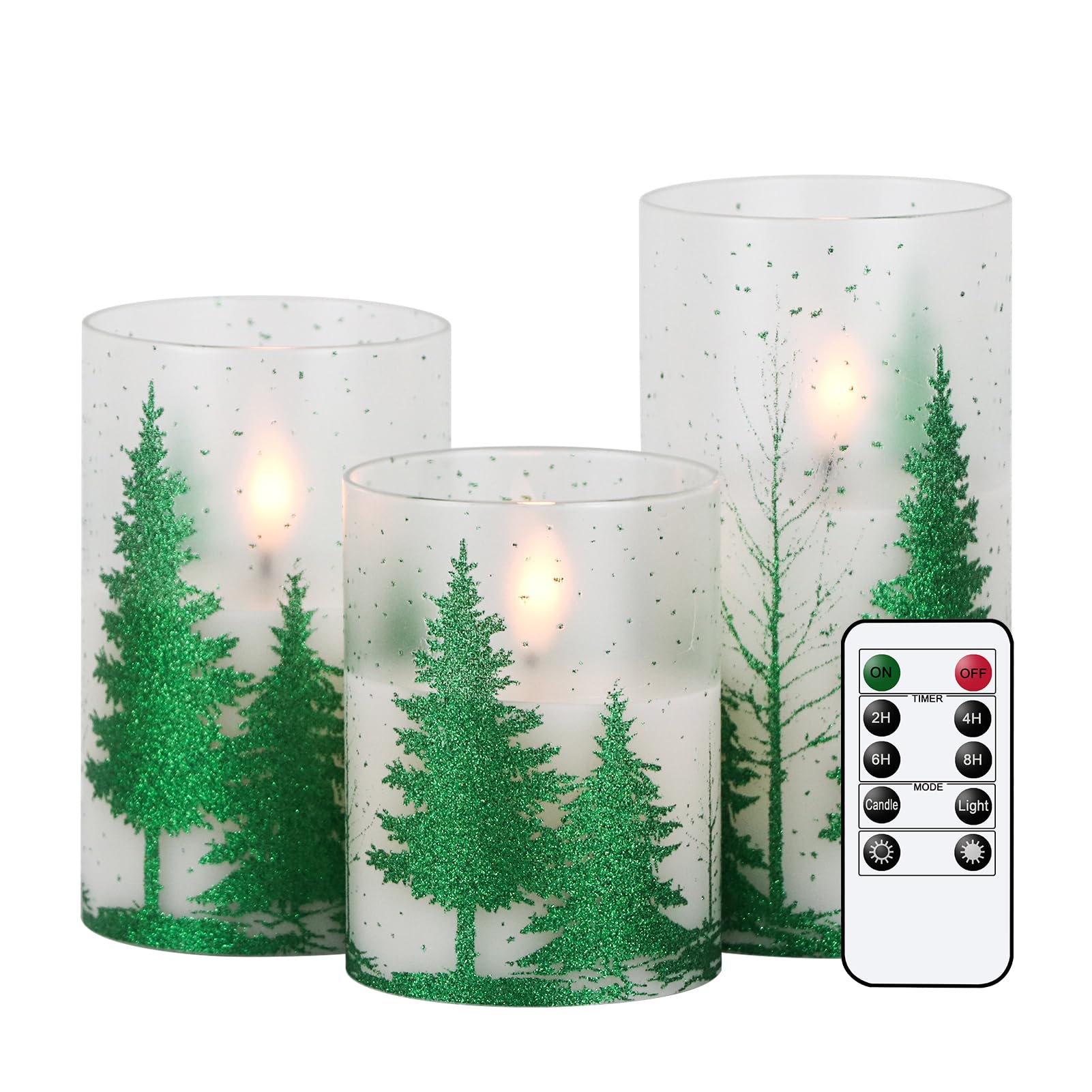 DRomance Christmas Tree Glass Flameless Candles with Remote Timer Battery Operated Real Wax 3D Wick LED Flickering Pillar Candles Christmas Holiday Decor(Green, 3 x 4,5,6 Inch)