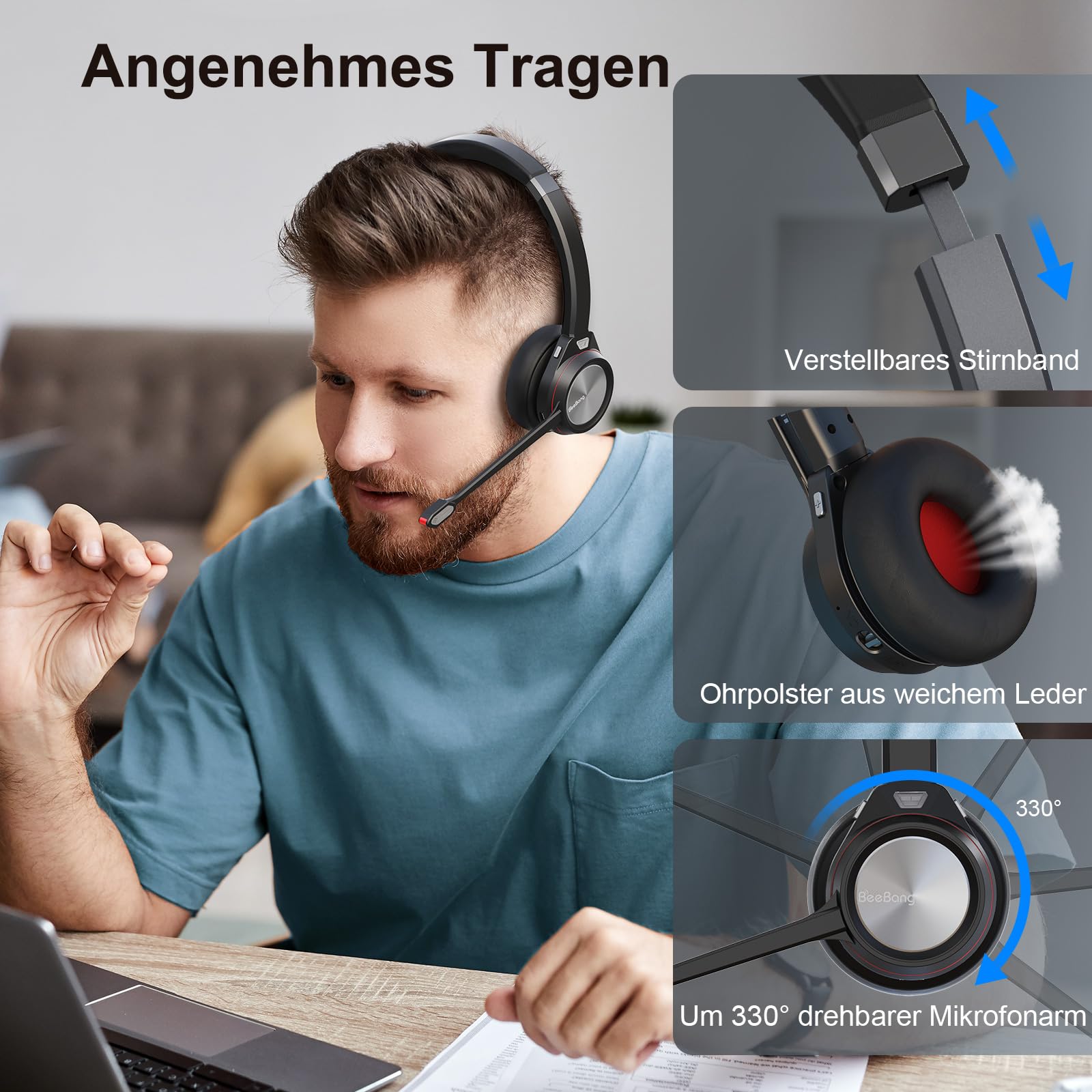 Bluetooth Headset mit Mikrofon Noise Canceling, Wireless Headset mit Ladestation & USB Dongle für PC, 40 Stunden Sprechzeit Kabellos für Mac Computer Teams Zoom Laptop Büro Callcenter