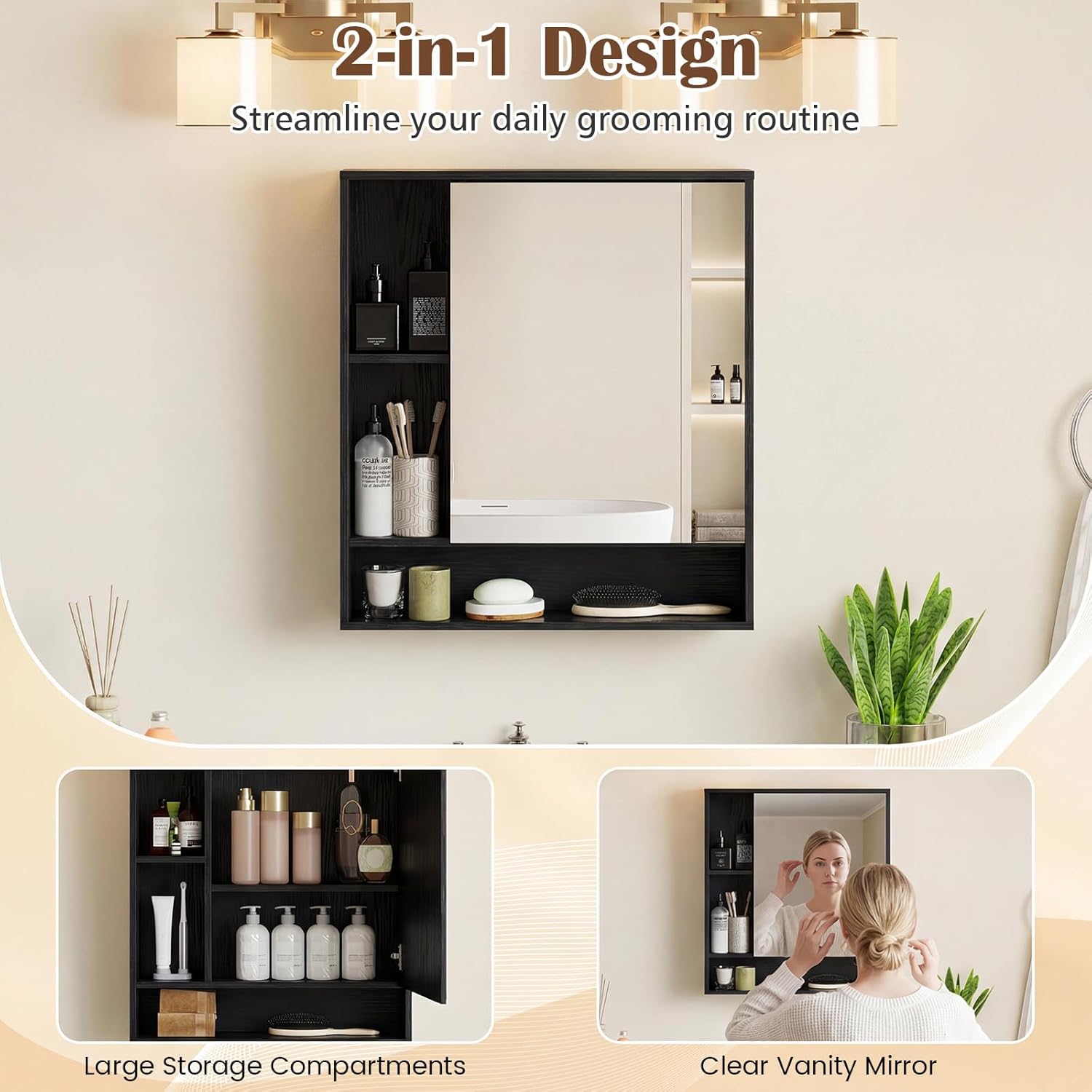 Tangkula Bathroom Cabinet with Mirror, Wall Cabinet with Mirrored Door, 3 Open Cubes, Adjustable Shelf, Wooden Grain Finish, Space-Saving Modern Storage Organizer for Living Room, Entryway (Black)