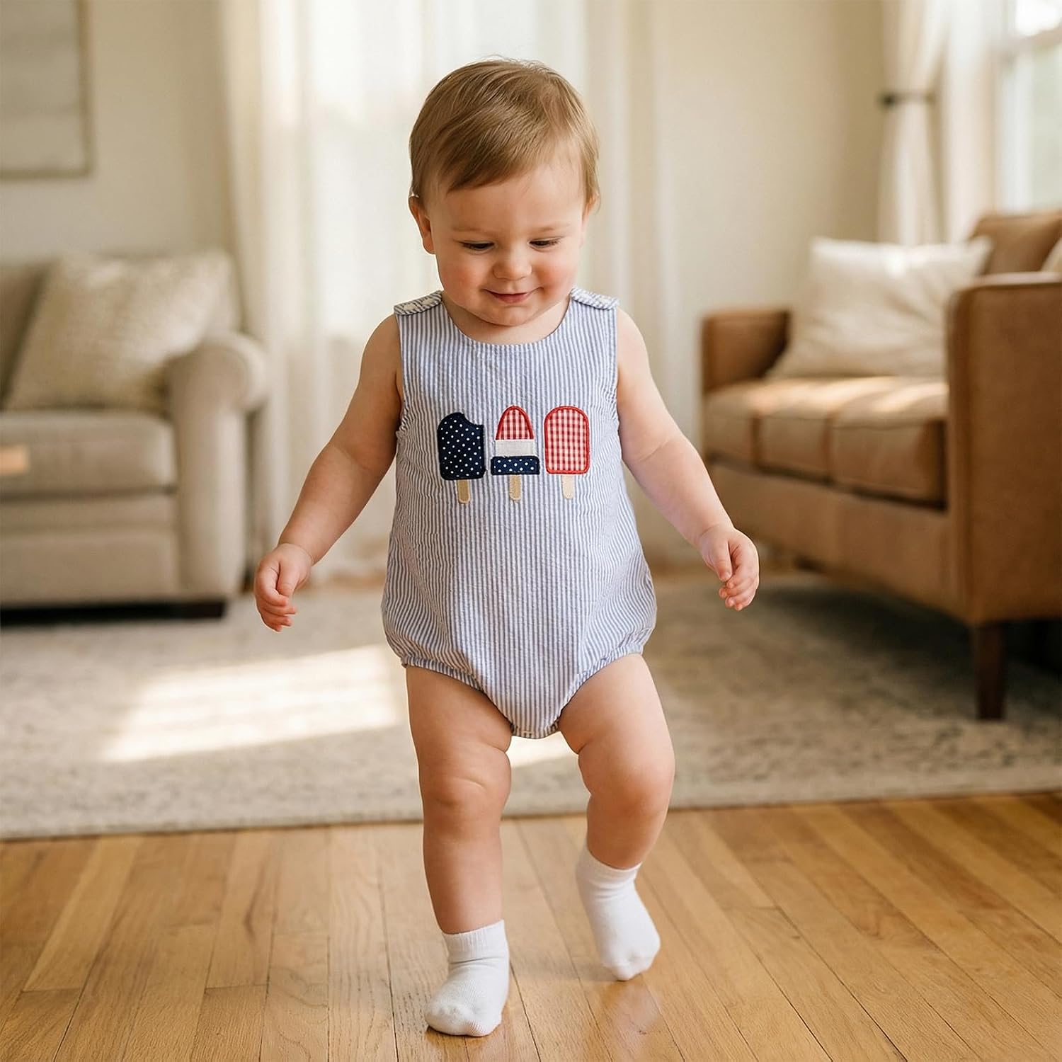 Newborn Baby Boy Girl 4th of July Outfit USA Flag Bubble Romper Sleeveless Striped Bodysuit Infant Patriotic Clothes