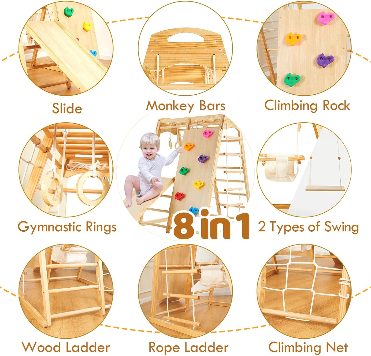 FUNLIO 8-in-1 Wood Indoor Playground for Kids 3-8 Years, Larger & Heavier Climbing Toys with Solid Pine, Indoor Gym for Kids with Swing/Slide/Climbing Rock/Net/2 Ladders/Monkey Bars/Gymnastic Rings