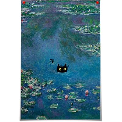 Vintage Monet Canvas Wall Art Famous Oil Paintings Monets Water Lillies Black Cat Poster Funny Cat Floral Print Abstract Farmhouse Gallery Aesthetic Room Decor for Bedroom Bathroom 16x24in Unframed