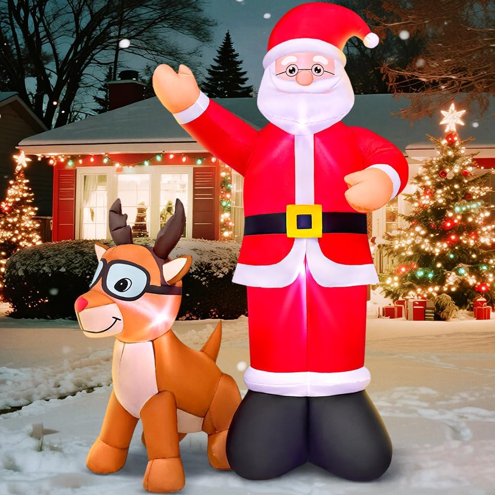 KOOY 6FT Christmas Inflatables Santa Claus and Reindeer Blow Up Santa Deer Elk Yard Decorations with LED Light Up for Xmas Yard Holiday Party Garden Lawn Outdoor Indoor Décor