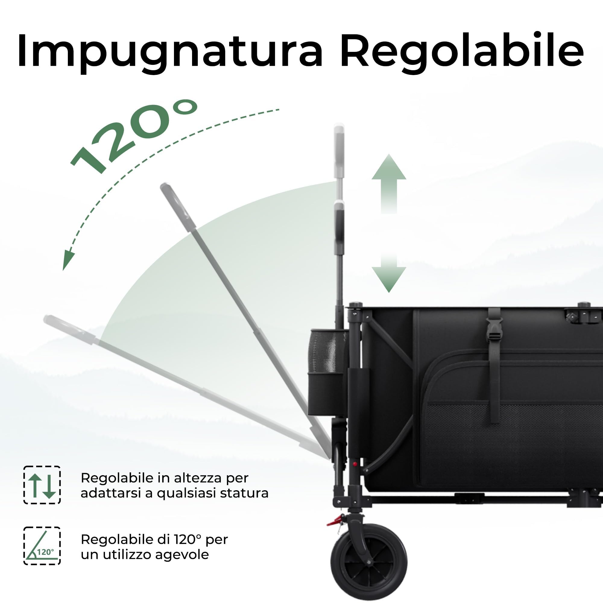 Carrello Spiaggia Pieghevole 260L, Carrello con Ruote Portatutto | Freno | Carrellino con Ruote Portatutto Max 200kg | Manico Regolabile | 25L Tasche Laterali | Esterni Giardino Campeggio(Nero)