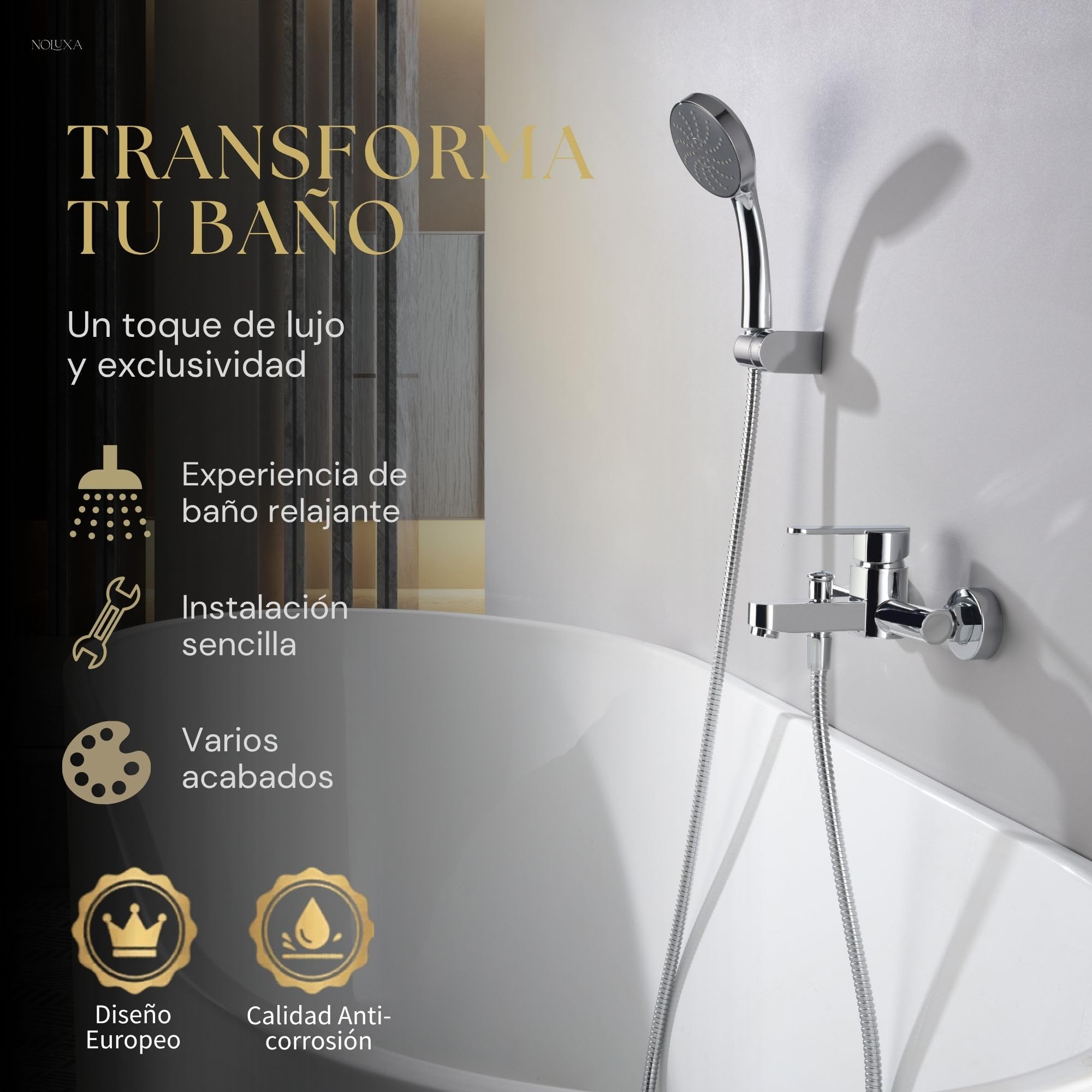 IMEX - Grifo Bañera y Ducha Monomando Cromado | Grifo Mezclador de Pared con Soporte Alcachofa de Ducha y Manguera | Grifería en Latón y Acero Inoxidable S.304 | Serie Roma