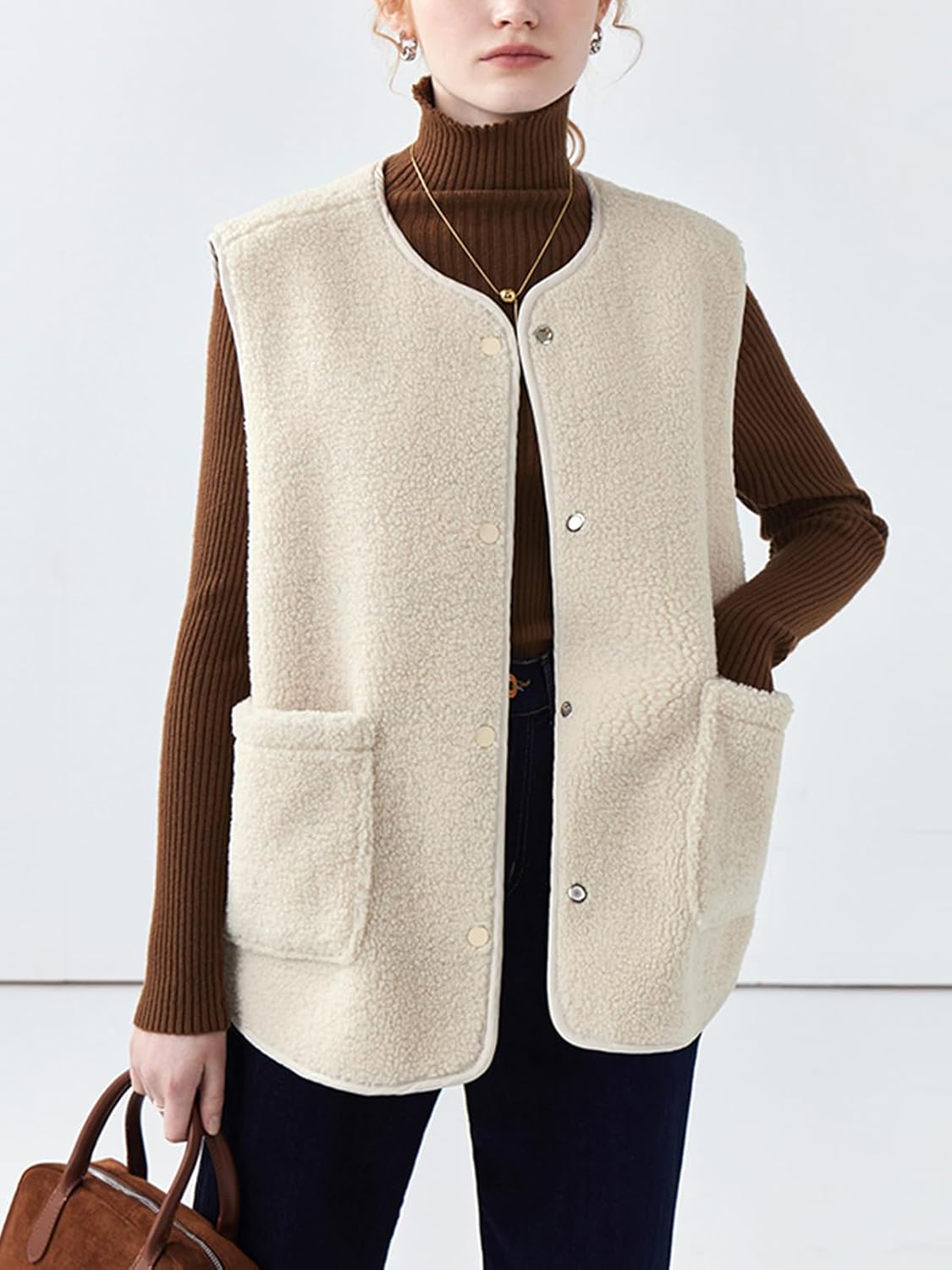 CUFEZN Women's Fleece Sherpa Vest Fuzzy Button Down Sleeveless Warm Jacket Reversible Plaid Gilet Outerwear with Pockets - Image 2