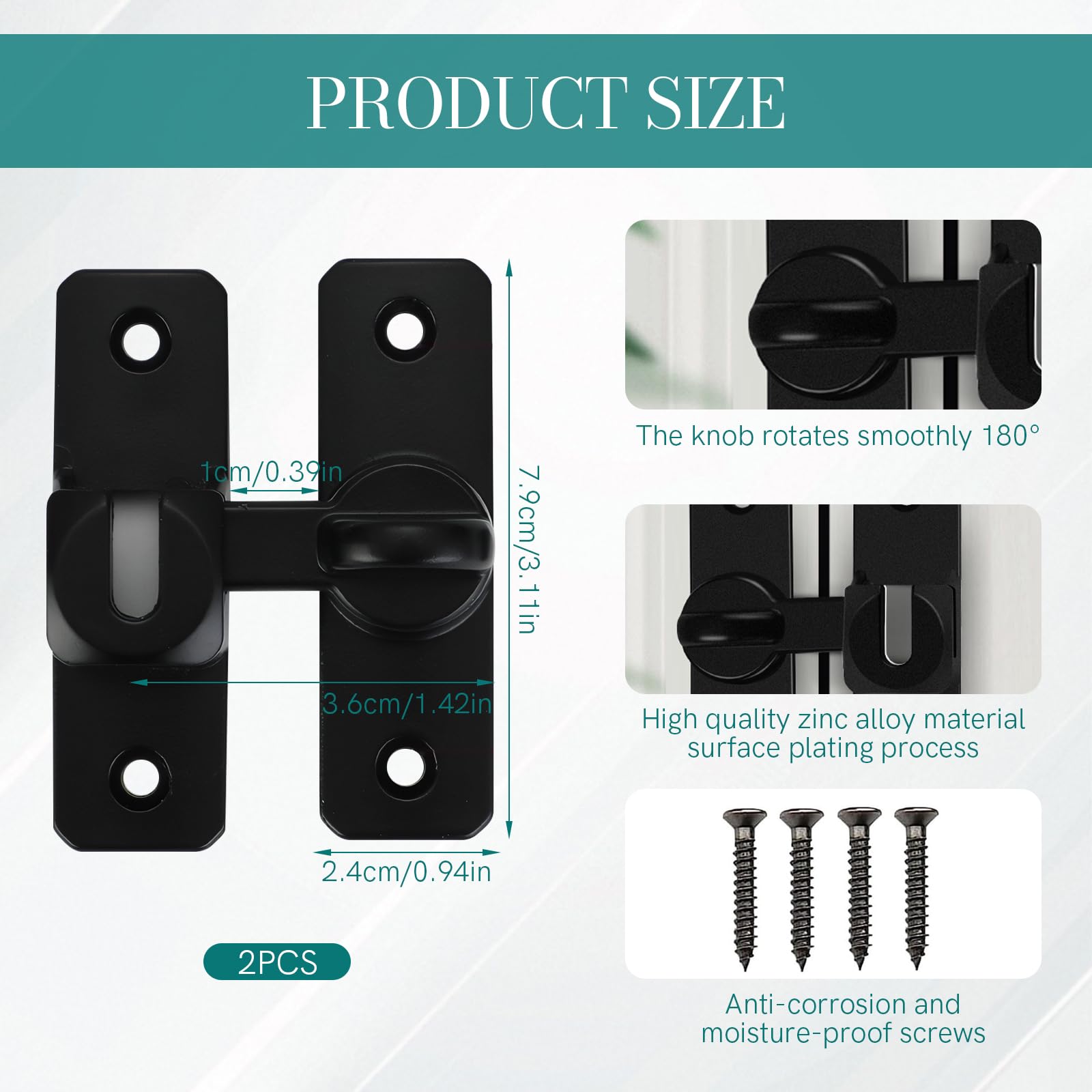 GMHLLES 2 Pcs Black Sliding Door Latch Locks, 90/180 Degree flip Sliding Door Lock, Security Small Gate Latch - Image 2