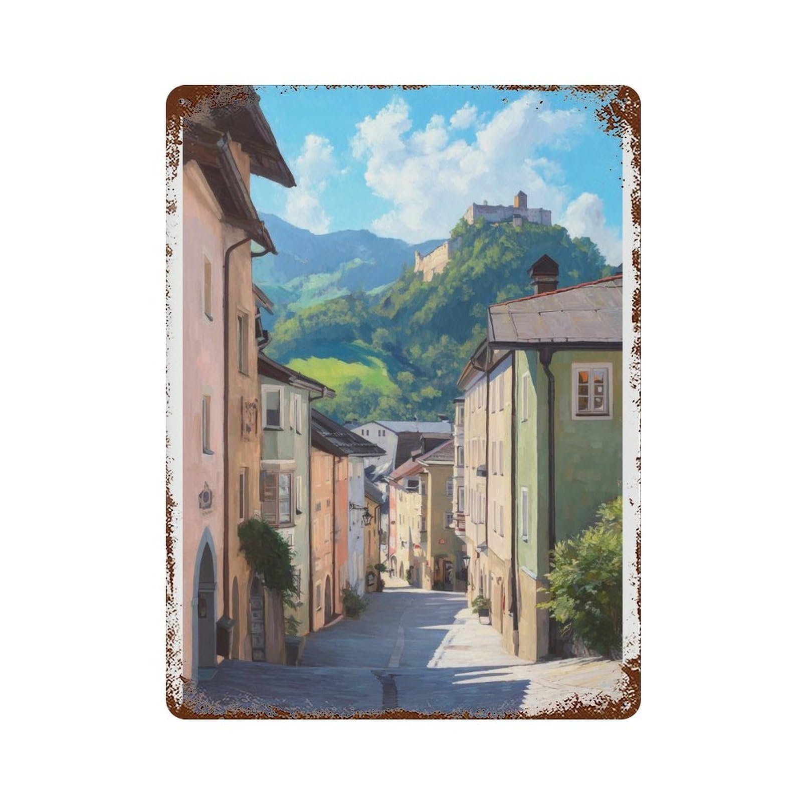 xiaoxiaoshen Kufstein Austria Watercolor Travel – Tyrolean Old Town Alpine Street Wall Decor Art Metal Tin Poster Modern Home Decor Art Home Bar Shop Decorations Vintage Sign 40x30cm