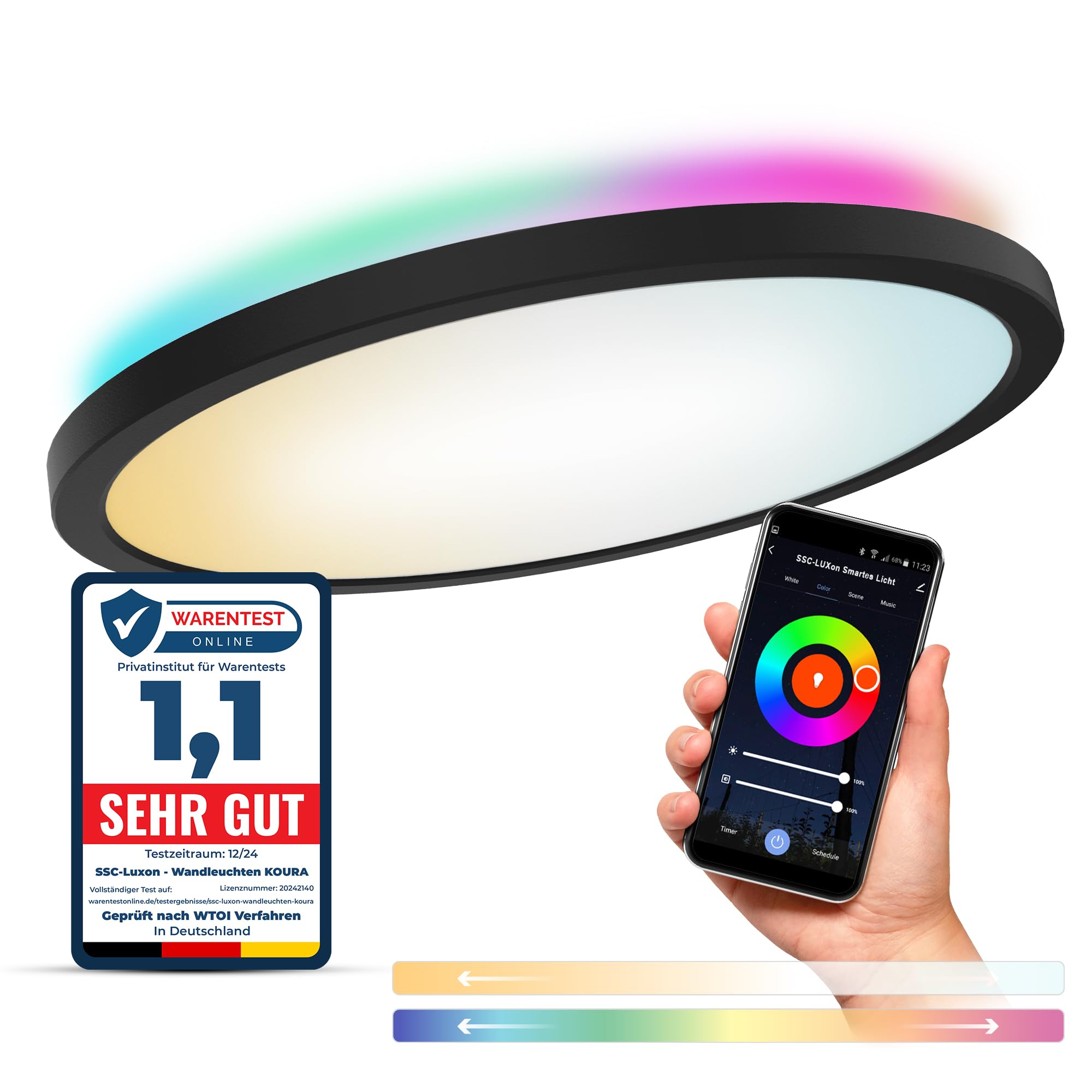 SSC-LUXon ERUNA Deckenleuchte schwarz Ø29cm Smart LED WLAN RGB App indirekt | Runde Deckenlampe fürs Wohnzimmer - per App & Alexa steuerbar, warmweißes Hauptlicht + indirektes RGB-Licht, ohne Hub