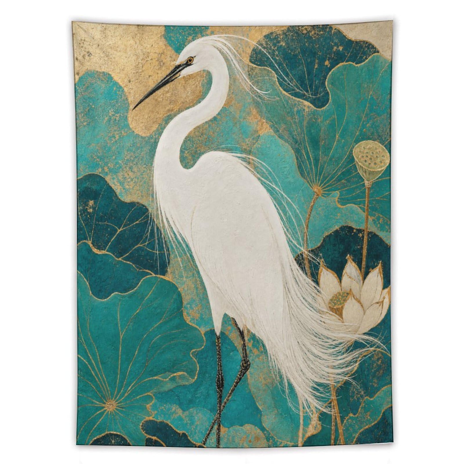 W7C8U2X3 White Egret and Lotus Wall Tapestry, Asian Ink Style, Living Room