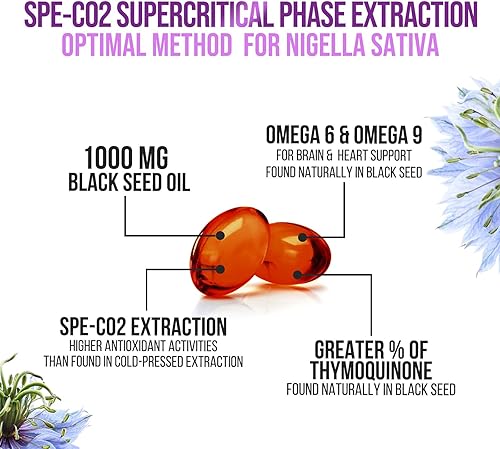 Miniatura 3 de Cápsulas de aceite de semilla negra de 1000 mg con timoquinona, nigella sativa pura para la salud de la piel y apoyo inmunológico, 100% aceite de
