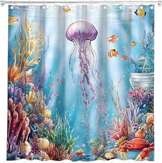 Jellyfish Shower Curtain, Blue Ocean Underwater World 70W x70L | Watercolor Coral Reef Tropical Fish Crab, Marine Life, Fabric Bathroom Accessories Decor, with Hooks